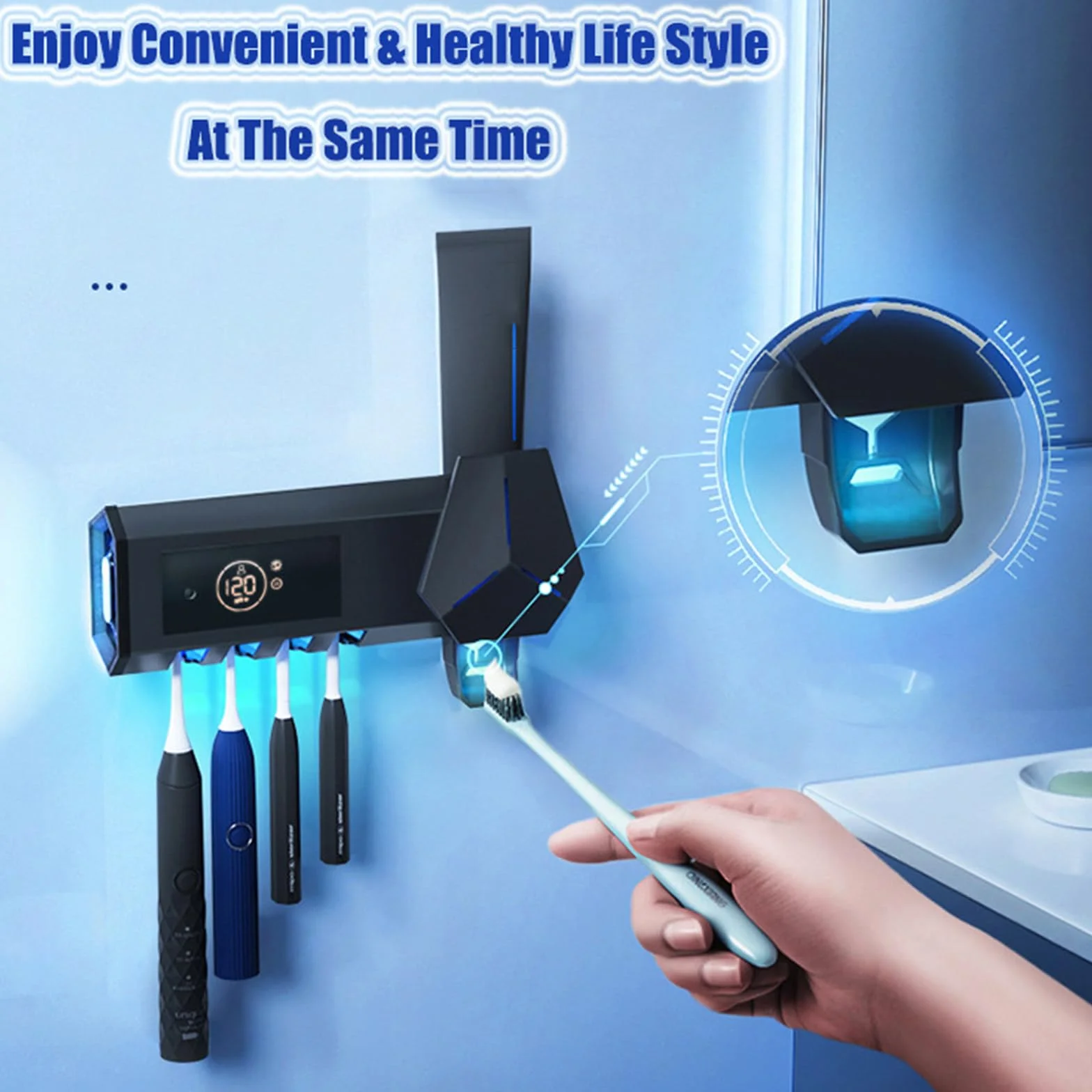 Sterilizzatore per spazzolino UV intelligente Disinfezione senza punzonatura Scaffale per spazzolino da denti Spazzolino da denti a parete Spremere dispositivo per dentifricio,Black