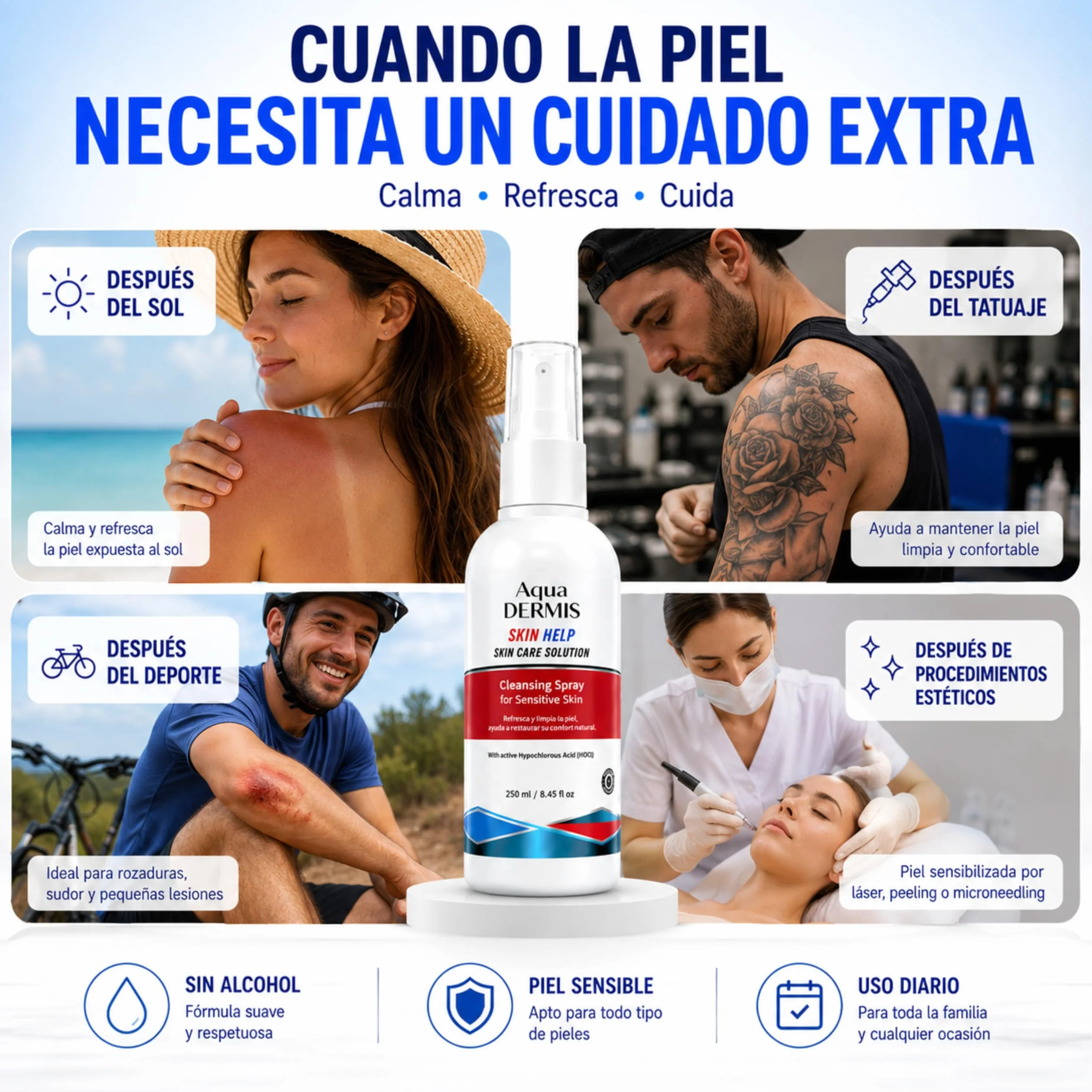 Spray per terapia delle ferite con acido ipocloroso, disinfettante naturale per ferite, ustioni, acne, eczema e tatuaggi, senza alcool, sicuro per pelli sensibili, 250 ml