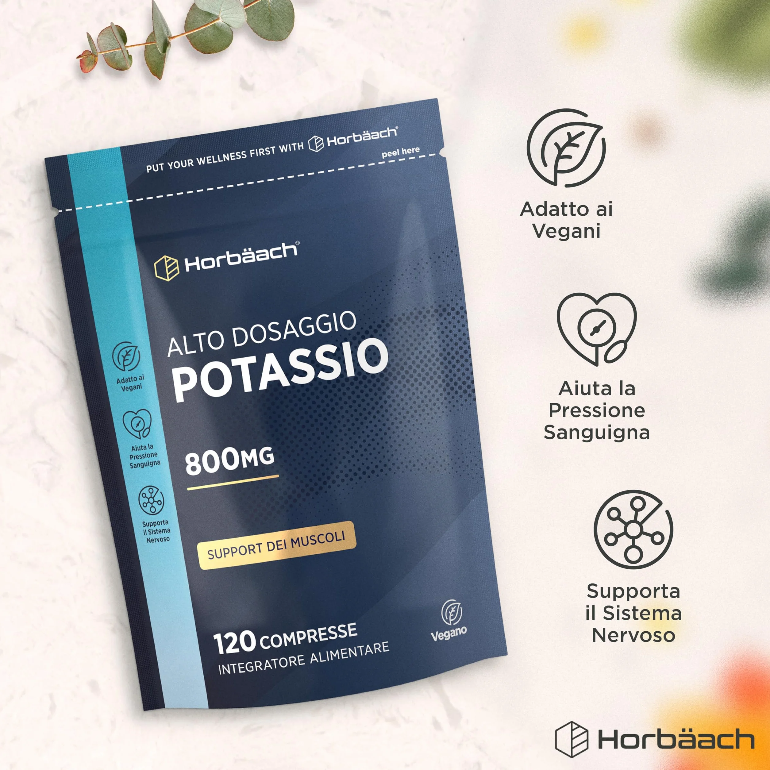 Potassio Integratore 800mg | 120 Compresse Vegane | ad Alto Dosaggio | Potassium | Horbaach