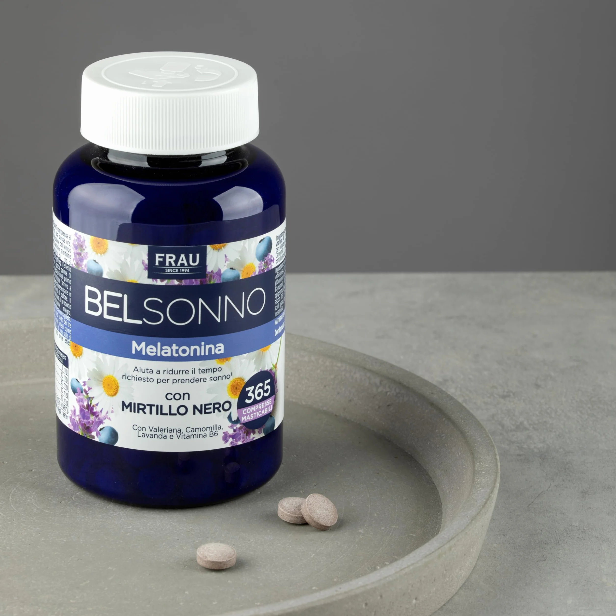 FRAU BEL SONNO Melatonina 365 Compresse Masticabili Integratore per il Sonno con Valeriana, Camomilla, Lavanda e Vitamina B6