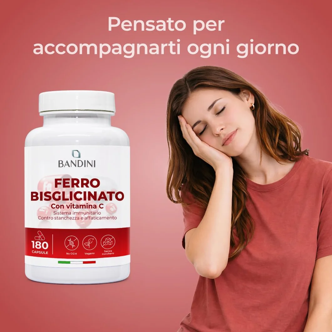 Bandini® Ferro Bisglicinato 80mg + Vitamina C 180 Capsule Vegan (Scorta di oltre 6 Mesi) - Contribuisce al Normale Metabolismo Energetico - Altamente Assimilabile e Biodisponibile - Iron + Vit C 160mg