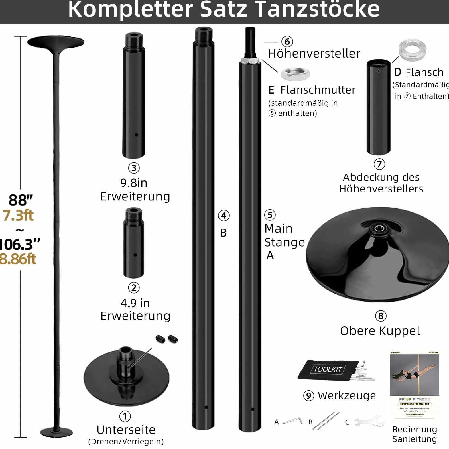PRIOR FITNESS Pole Dance Asta da ballo 45 mm 2,35-2,74 m regolabile rotante/statica 200 kg club feste