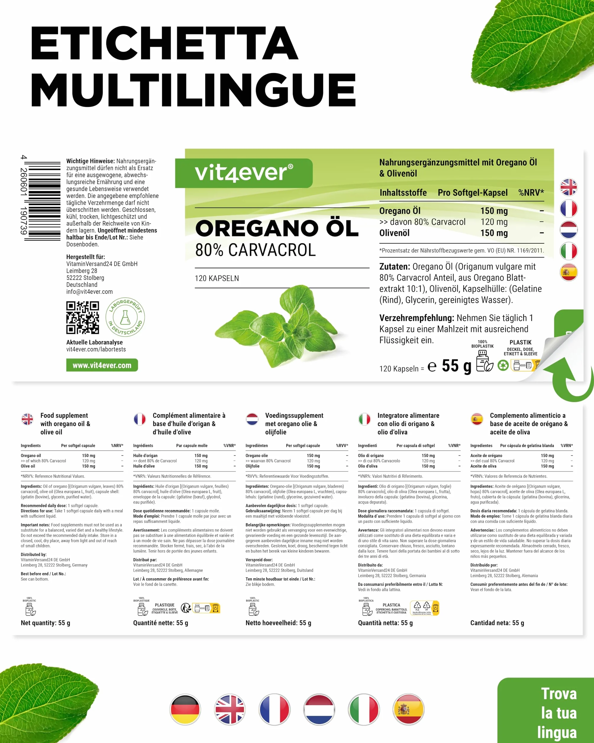 Olio di origano 120 capsule 150 mg 80% Carvacrol 10 volte concentrato Origanum vulgare Francia