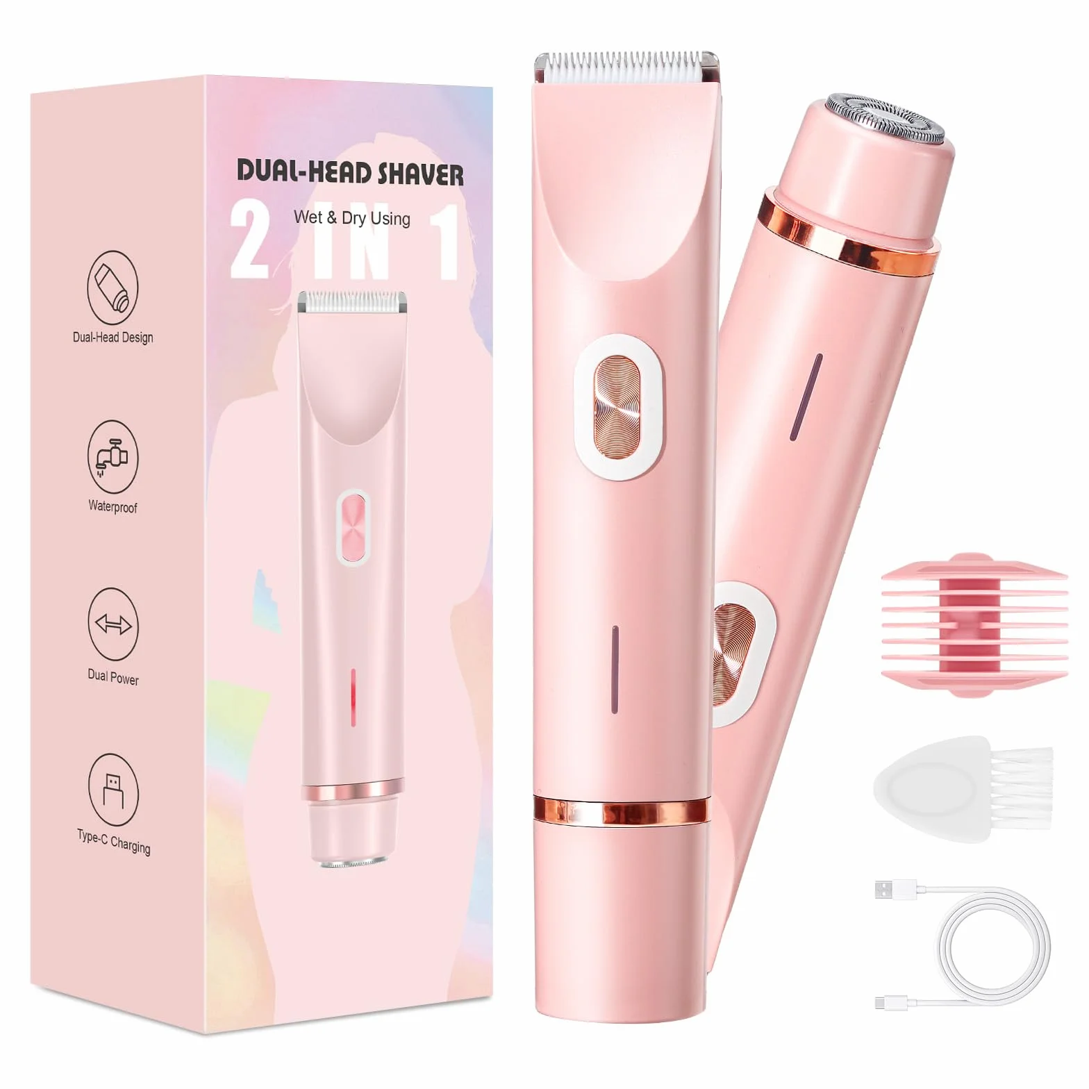 Rasoio da donna, 2 in 1, a doppia testa, con ricarica USB-C, rasoio elettrico da donna, per viso, gambe e braccia, bikini trimmer con testa di taglio impermeabile, facile da pulire