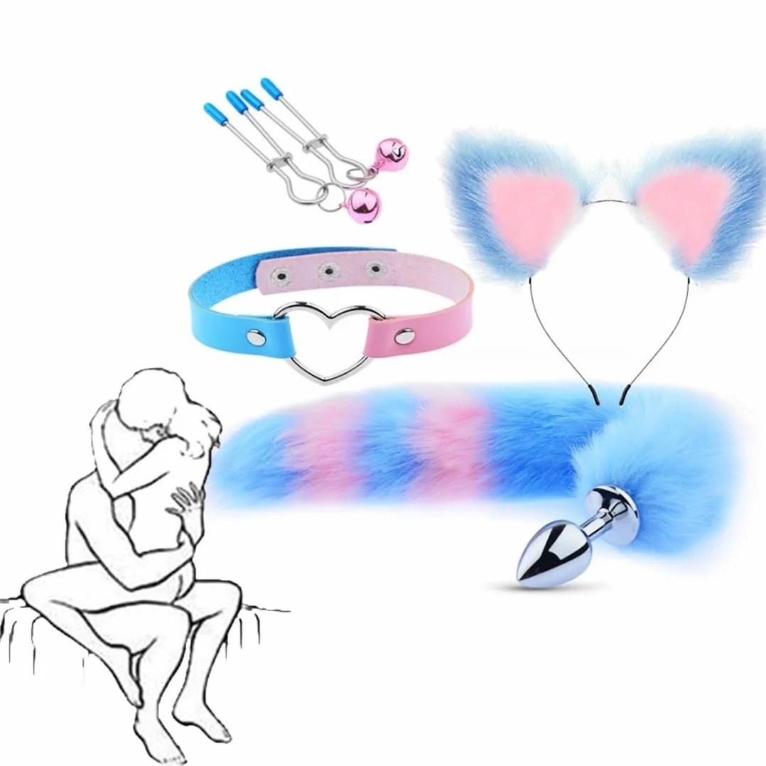 𝙎𝙚̣𝙭 𝙏σ𝙮𝙨 Un Set di Accessori per Coda di Volpe con Fascia per Orecchie di Gatto Godetevi La Coppia Giocosa E Affascinante! Cosplay Set di Quattro Pezzi Blu Un Regalo per Uomini E Donne