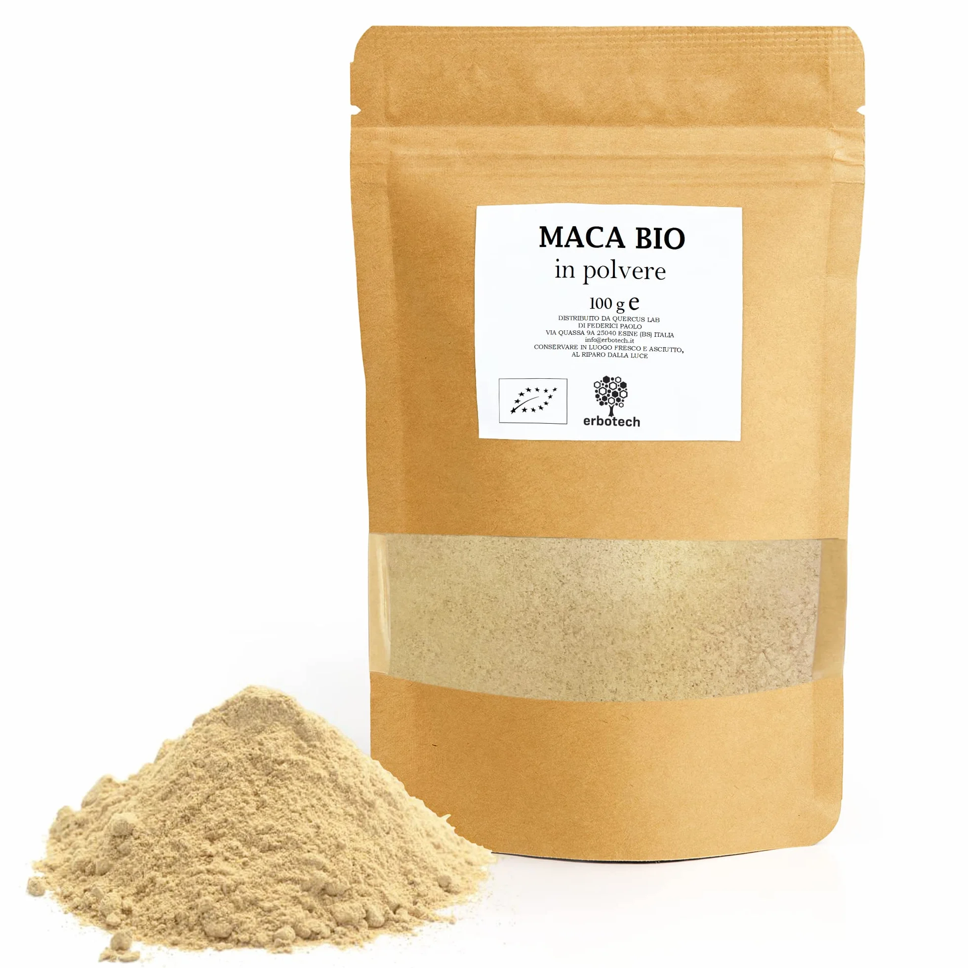 ERBOTECH, Maca Peruviana BIO in Polvere, Busta da 100 g, Ricca Fonte di Minerali, Vitamina B, Vitamina C, Vitamina E, Senza Glutine, Adatto a Vegetariani e Vegani