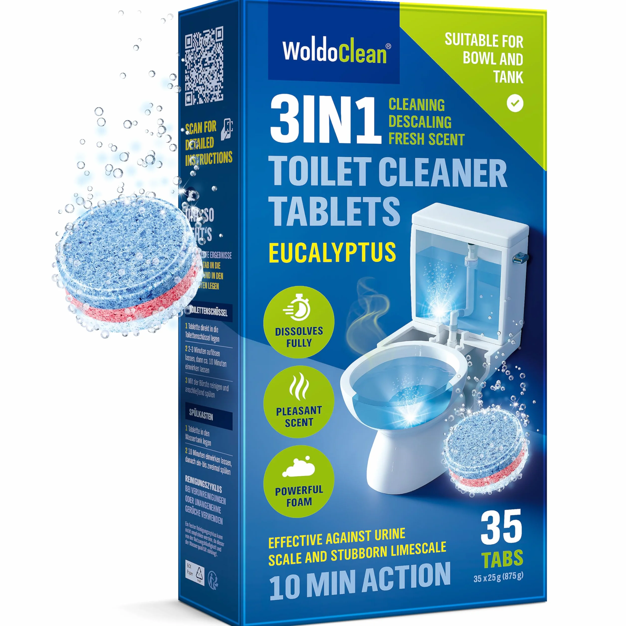 Schede per WC a 3 fasi, formula di eucalipto, fresca, 35 pastiglie