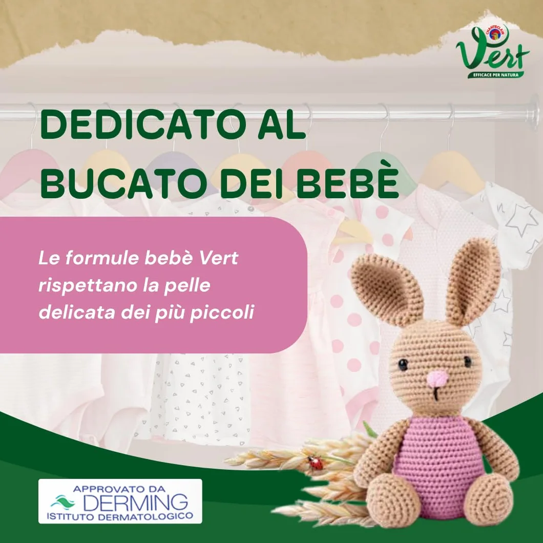 Vert - Ecodetergente Lavatrice Bebè - Fragranza Latte d'Avena, 100% Origine Naturale, Superefficace anche sulle Macchie del Bebé, Ipoallergenico, per Pelli Sensibili - Flacone da 1200 ml, 30 Lavaggi