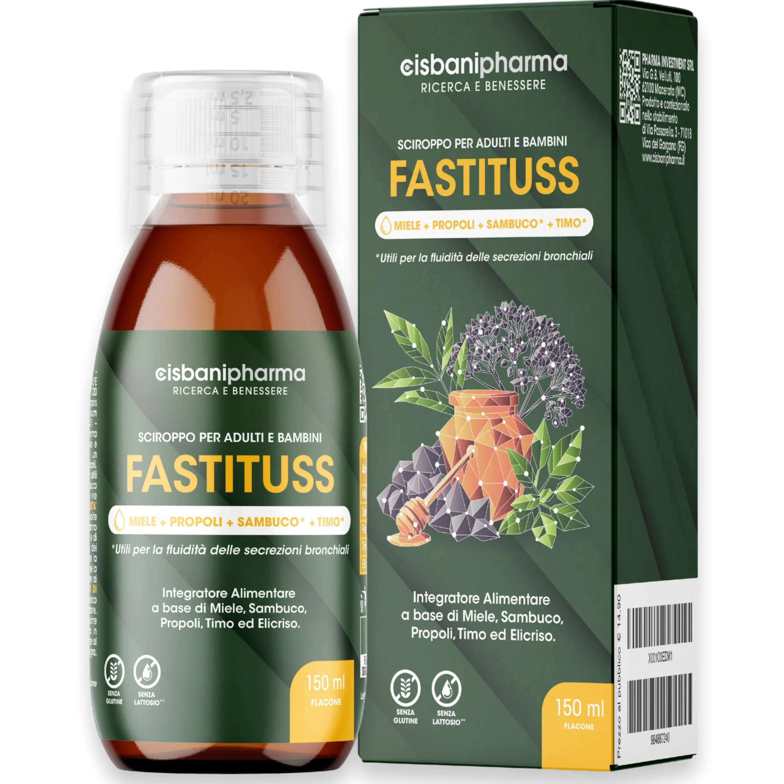 CISBANI PHARMA Sciroppo tosse secca e grassa e mal di gola a base di Sambuco, Miele, Propoli, Timo ed Elicrisio - Emolliente e lenitivo - Flacone 150 ml, per Adulti e Bambini