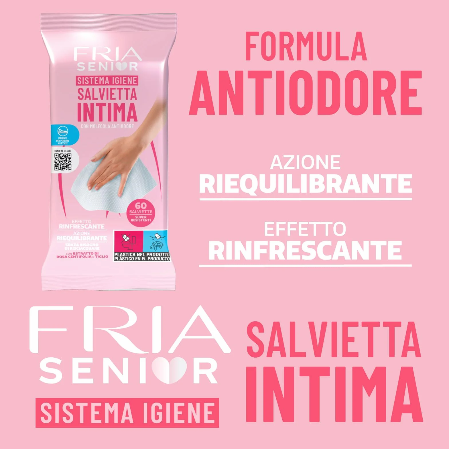 Salviette per l’Igiene Intima degli Anziani - con Estratti di Rosa Centifolia e Tiglio - Azione Riequilibrante - Antiodore - Formato: 60 Salviette - FRIA Senior (Confezione da 4)