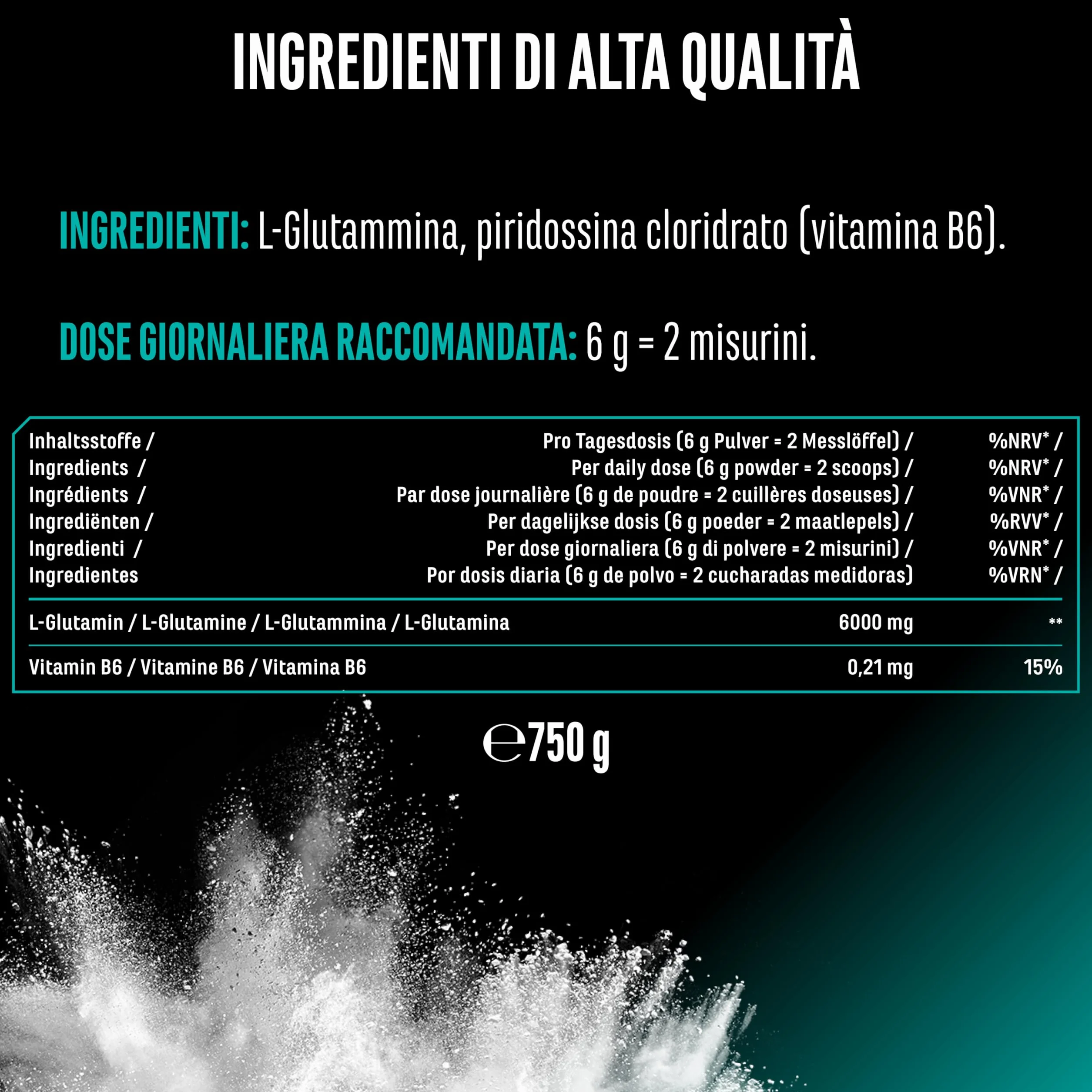 L-Glutammina in polvere - 750 g - Premium: pura e ultrafine senza additivi - 100% aminoacido L-Glutammina micronizzato - Neutro non aromatizzato - Altamente dosato - Vegan