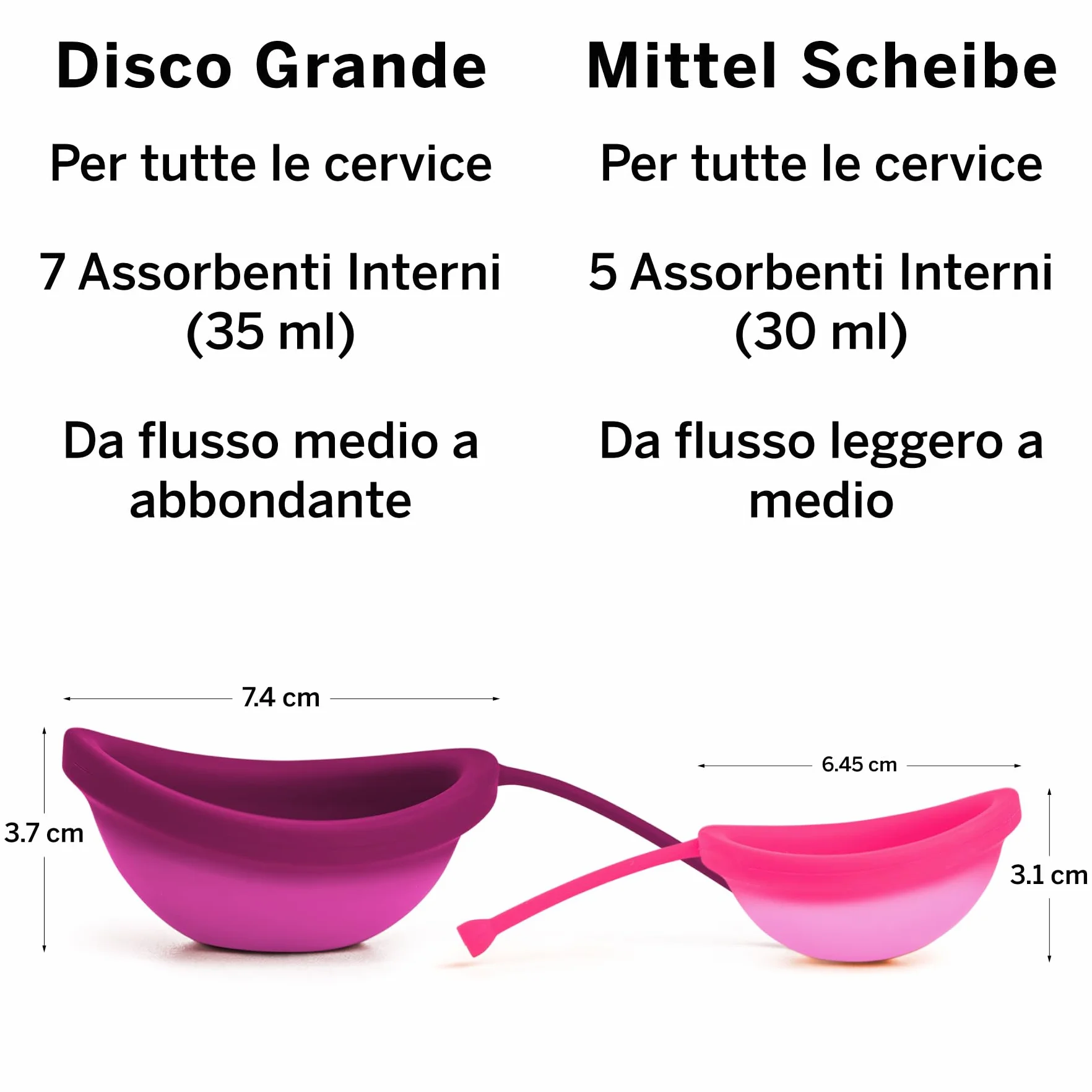 2 Dischi Mestruali - Senza Metalli Né Tossine - Silicone di Grado Medico 100% - N.1 per Morbidezza tra i Dischi Riutilizzabili - Si Rimuove Come un Tampone - 12 Ore di Uso - Capacità di 5 e 7 Tamponi