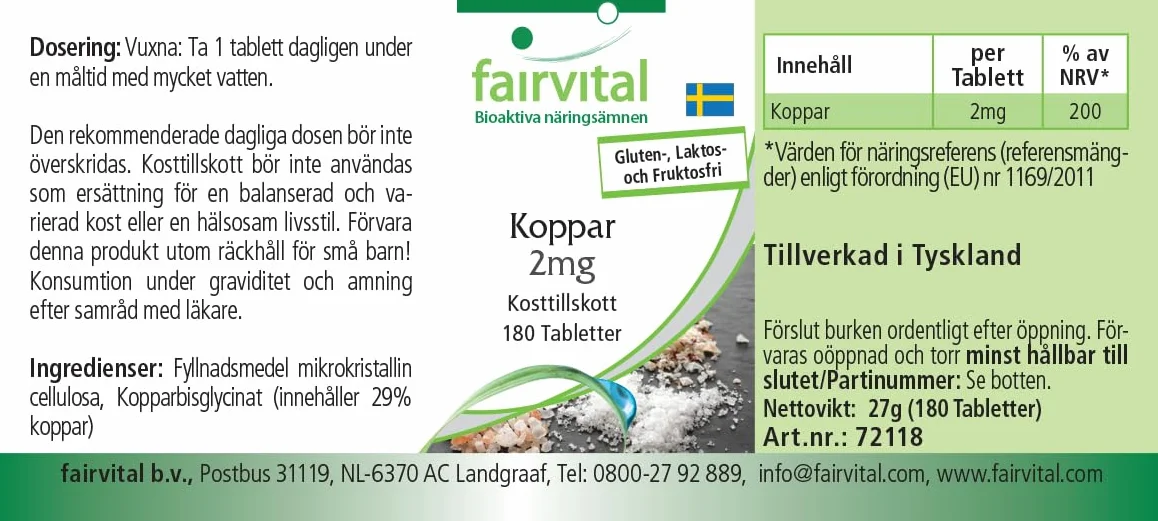 fairvital Rame 2 mg, 180 compresse, facili da deglutire, bisglicinato di rame, qualità testata e ad alto dosaggio, 100% vegano, Made in Germany