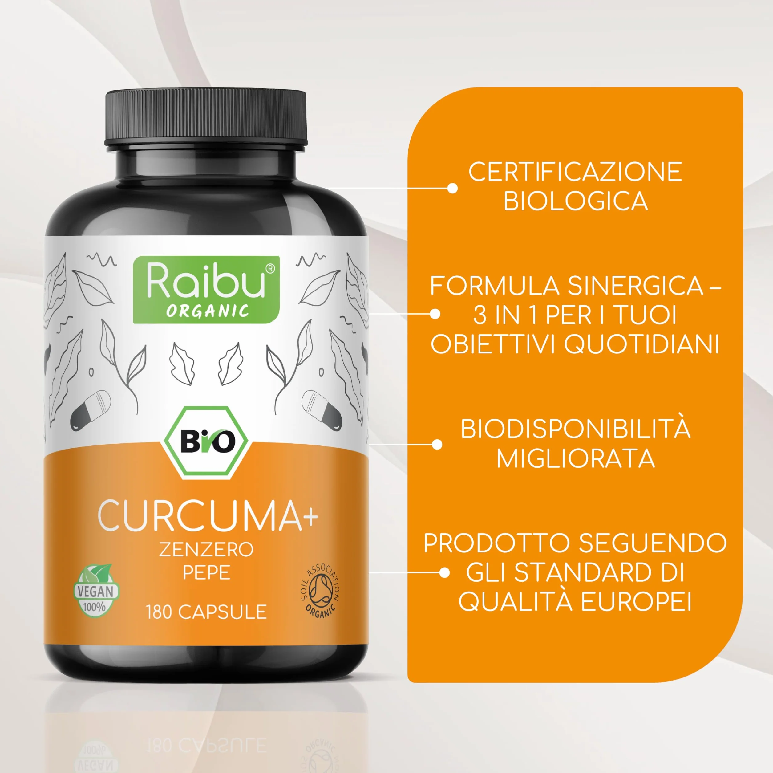 Raibu Curcuma Capsule 1500mg con Piperina e Zenzero Biologico - 180 Capsule - Integratore ad Alto Dosaggio - Vegan, Senza OGM