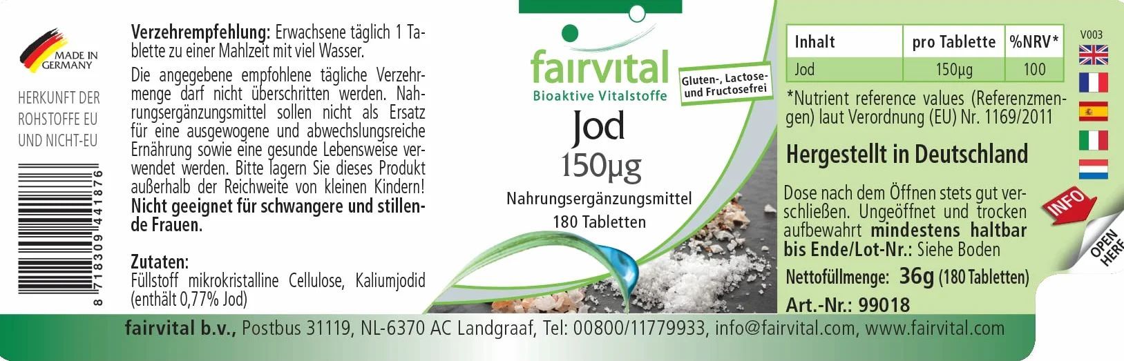 fairvital Compresse di iodio, 180 compresse, facili da deglutire, ALTO DOSAGGIO con 150 µg di iodio per compressa, a base di ioduro di potassio, VEGANE