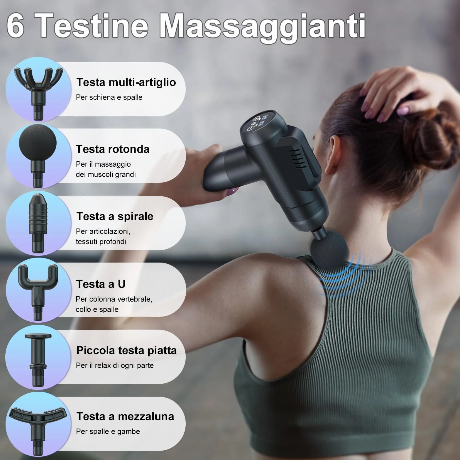 Pistola Massaggio Muscolare Professionale con 99 Velocità Regolabili, 6 Testine Intercambiabili e Display LCD Tattile Silenzioso per Massaggio Profondo - Allevia Dolori Muscolari di Schiena