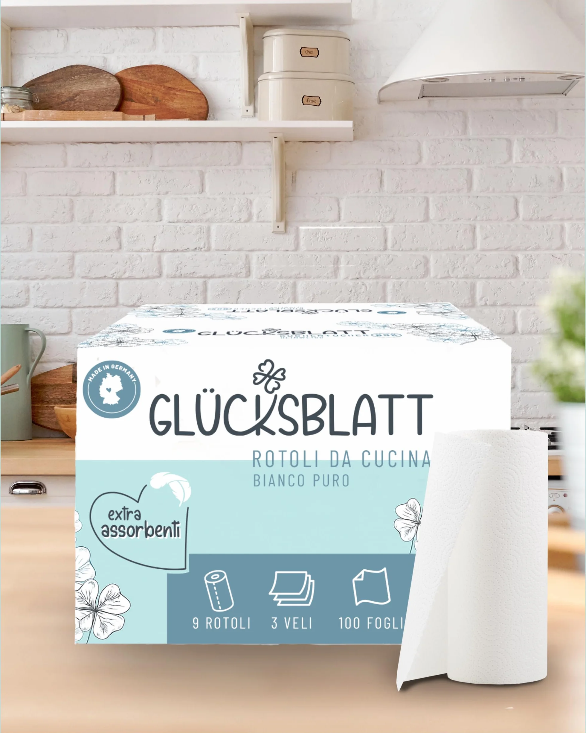 Glücksblatt Carta da Cucina 9 Rotoli 100 Fogli 3 Strati Senza Plastica Sostenibili