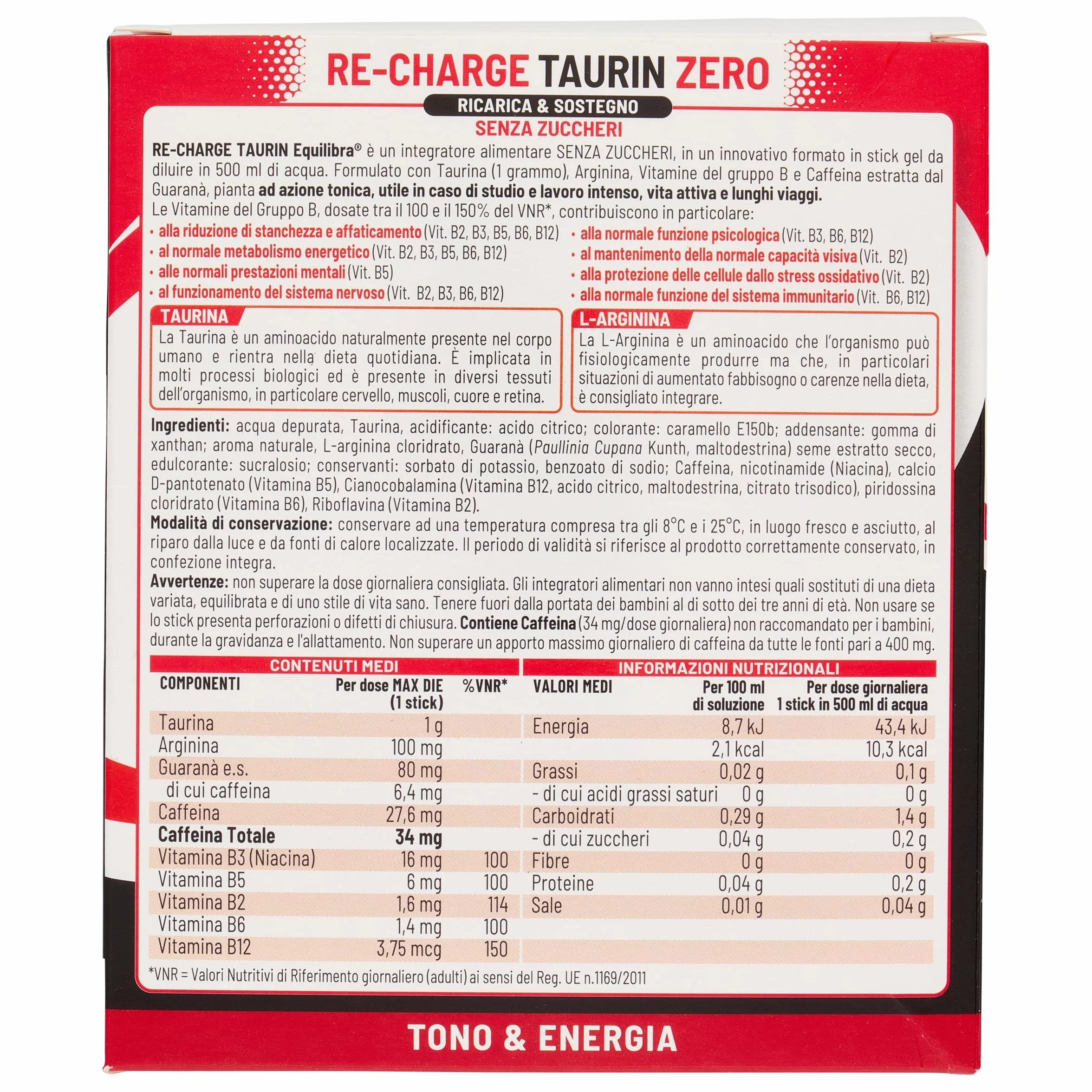 Equilibra Taurina 1000mg Integratore Stanchezza Allenamento Vegan Senza Zuccheri Arginina Caffeina Guaranà Vitamine B Gusto Cola 12 Stick Gel