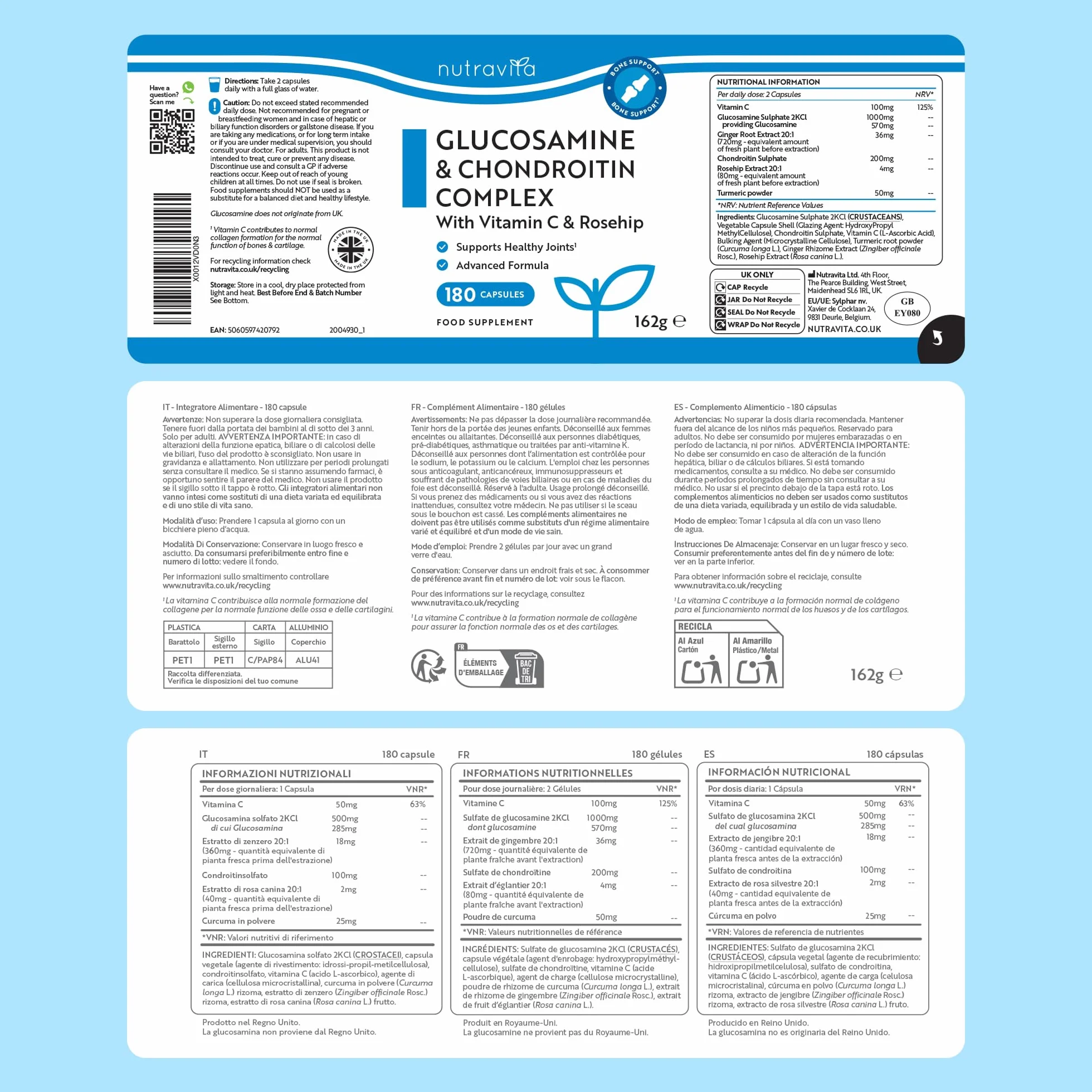Nutravita Glucosamina Condroitina Complesso - 180 Capsule Alto Dosaggio per 6 Mesi - Glucosamine Complex con Vitamina C, Estratti di Cinorrodo, Zenzero e Curcuma - Prodotto nel Regno Unito