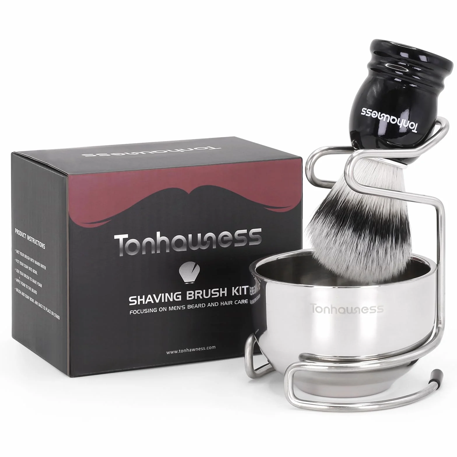 Kit per pennello da barba per uomo, set da barba 3 in 1 include pennello con setole in nylon, ciotola da barba in acciaio inossidabile a 3 strati e supporto per la rasatura con modellazione integrata