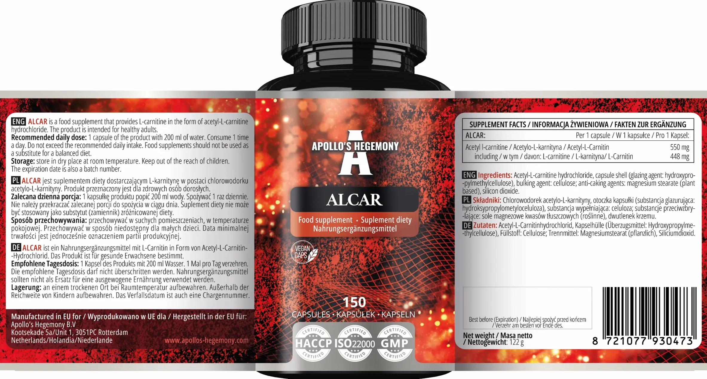 Apollo's Hegemony Acetil L-Carnitina HCL 550 mg ALCAR 150 Capsule Integratore Aminoacidi Supporto Cognitivo Energia