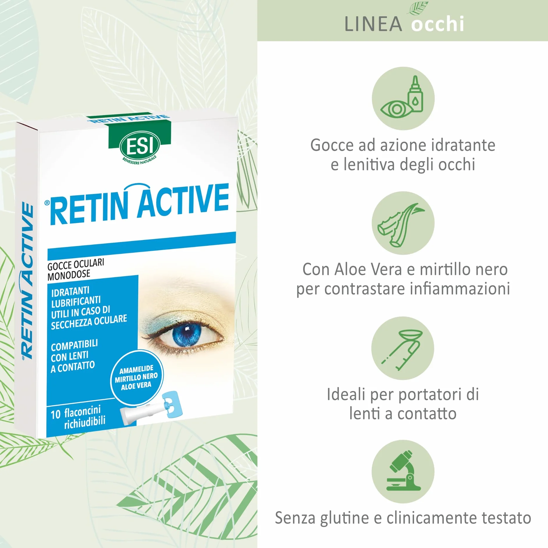 ESI - Retin Active, Gocce Oculari Monodose a Base di Mirtillo Nero per il Benessere della Vista, Idratanti e Lenitive, Proteggono gli Occhi da Condizioni Ambientali Sfavorevoli, 10 Flaconcini