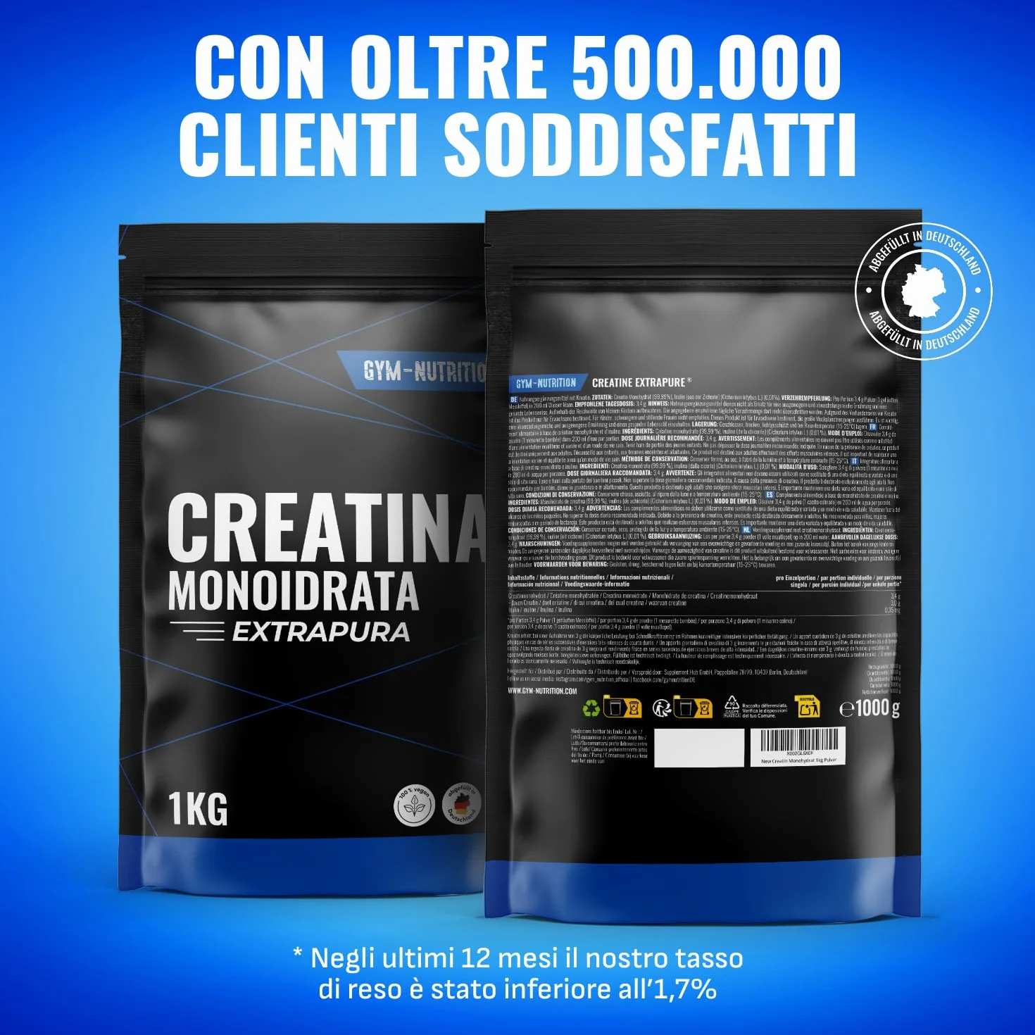 Creatina Monoidrato Polvere 1KG - 100% Vegan, Extrapura - Prodotta in Germania