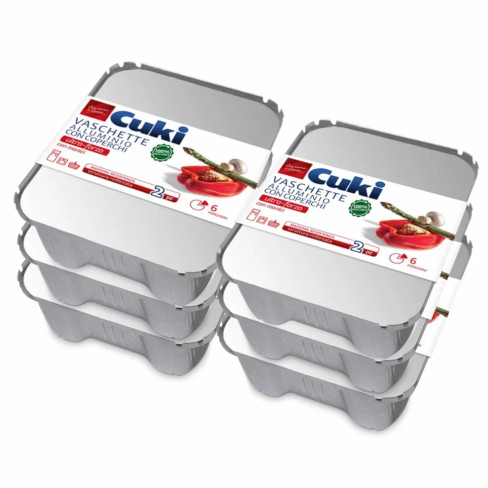 Cuki Vaschette Alluminio Con Coperchi - Ultra Forza - Con Manici - 6 Porzioni - Rettangolari [Rs99L] - 6 Confezioni Da 2 Pezzi