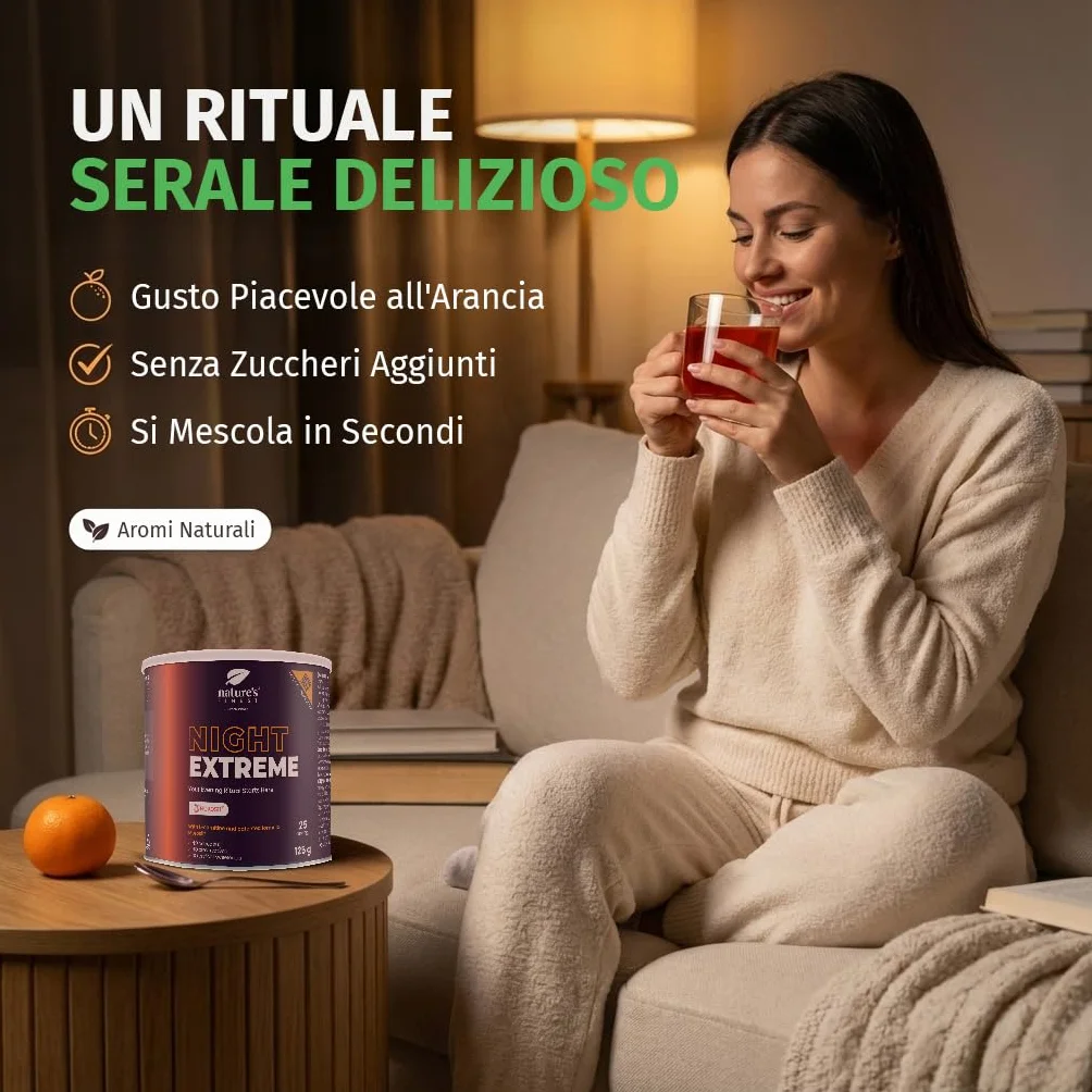 Nature's Finest Night Burn Extreme Bevanda Serale in Polvere 125g Arancia Rossa Morosil Valeriana Vite Rosso Vegana Senza Glutine