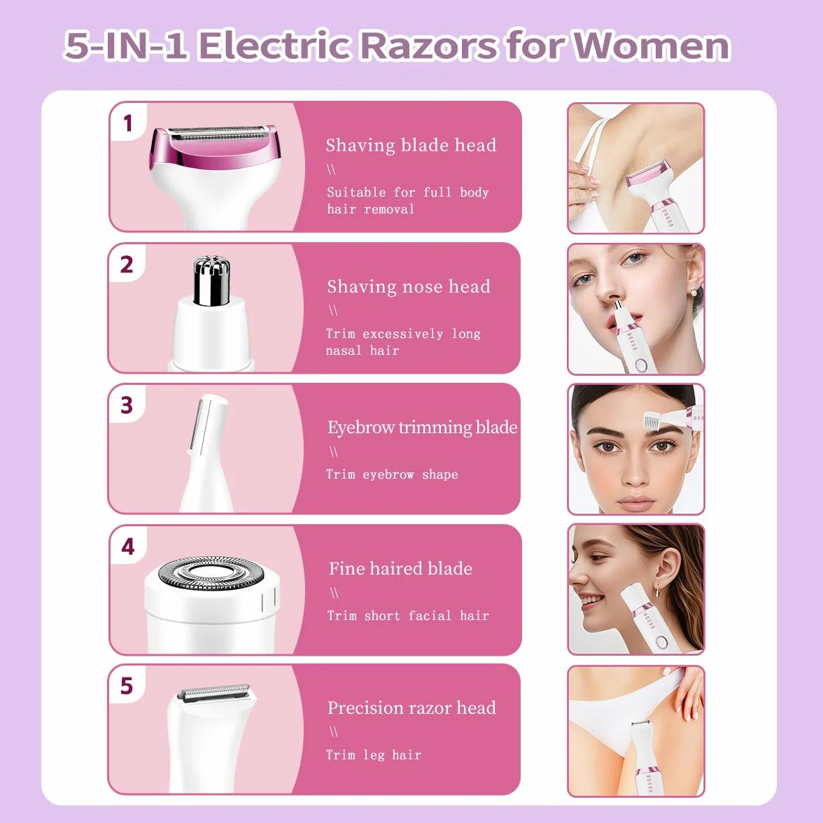 Rasoio Elettrico Donna, 5 in 1 Epilatore Viso Elettrico, Rasoio Parti Intime Donna, indolore Depilatore Elettrico Portatile per Corpo, Le Ascelle,La Linea Del Bikini,Le Sopracciglia e Il Peli Naso