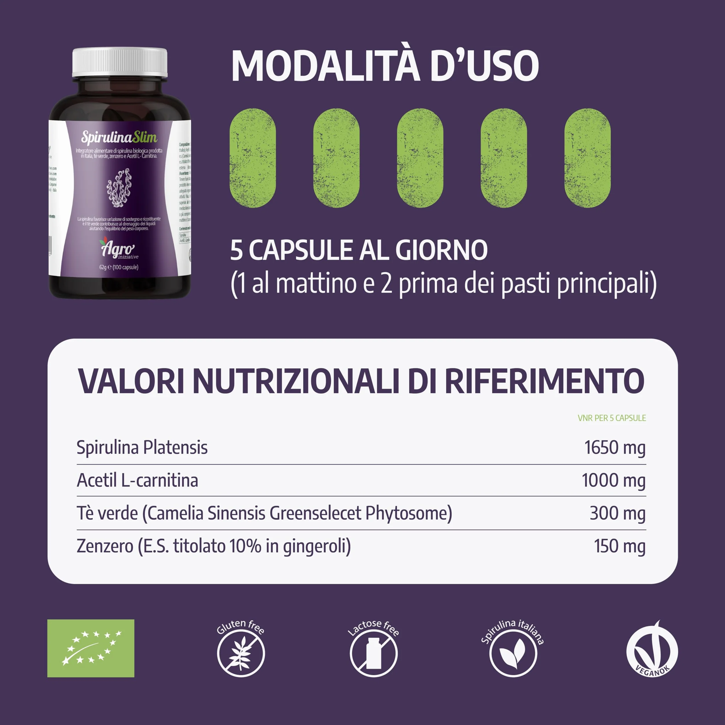 Spirulina Slim 100 Cps Alga Spirulina Biologica Drenante Detox Senza Iodio E Caffeina Con Zenzero Acetil L-Carnitina E Greenselect