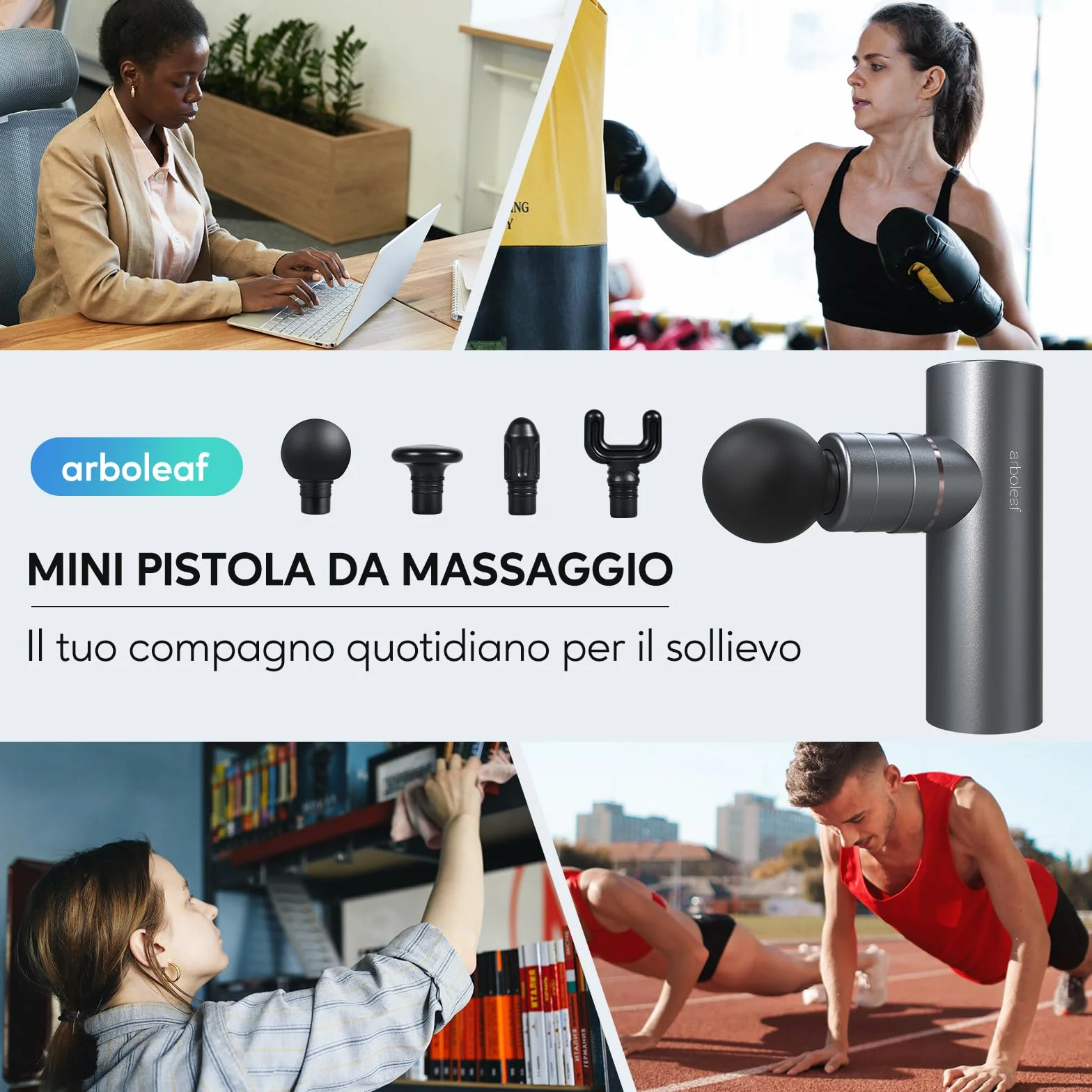 arboleaf Pistola Massaggio Muscolare Mini, Pistola Massaggiante, Massaggiatore Muscolare 5 Velocità 4 Testa in Silicone, 3200rpm Massage Gun Rumore Basso, Batteria 2000mAhx2 Ricarica di Tipo-C, Grigio