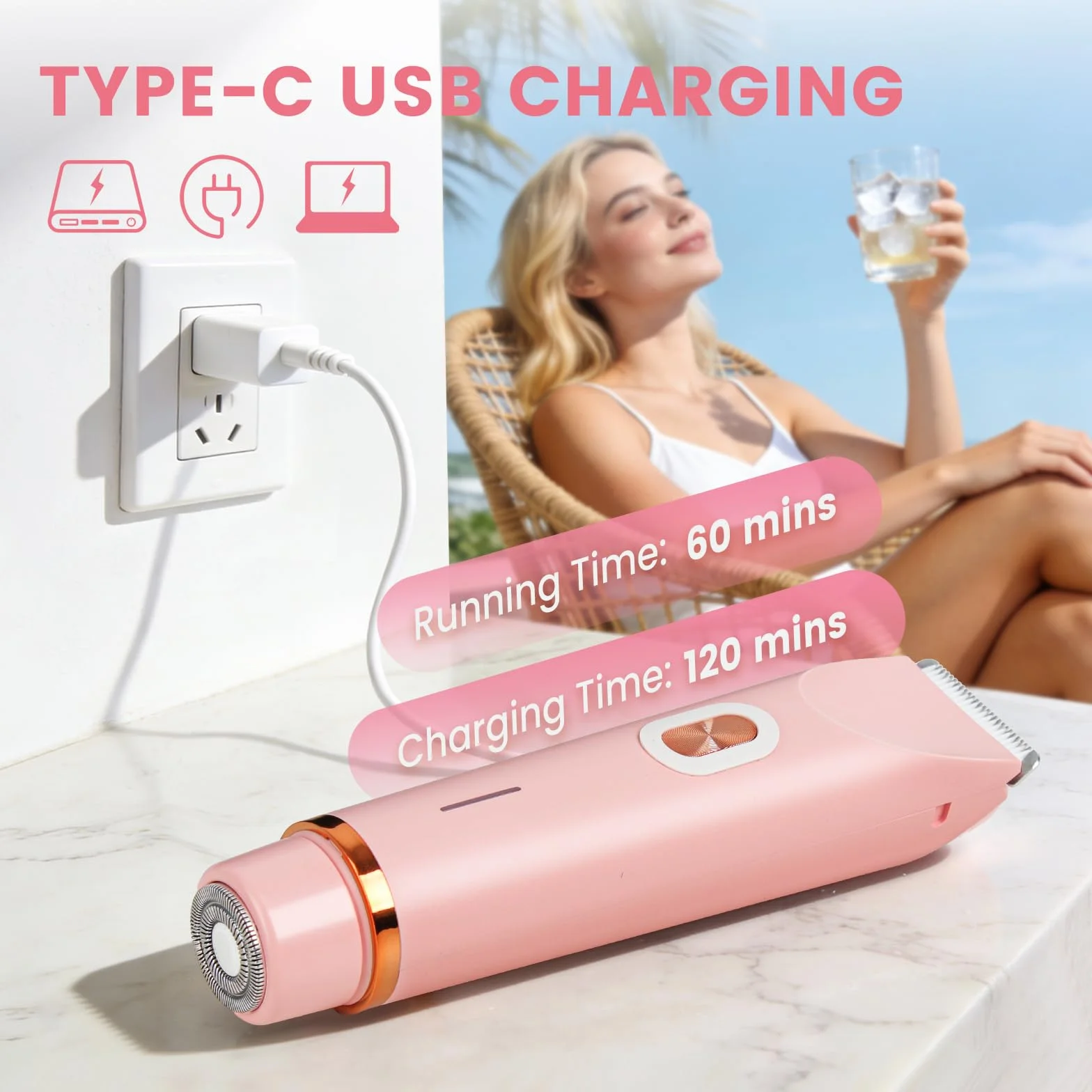 Rasoio da donna, 2 in 1, a doppia testa, con ricarica USB-C, rasoio elettrico da donna, per viso, gambe e braccia, bikini trimmer con testa di taglio impermeabile, facile da pulire