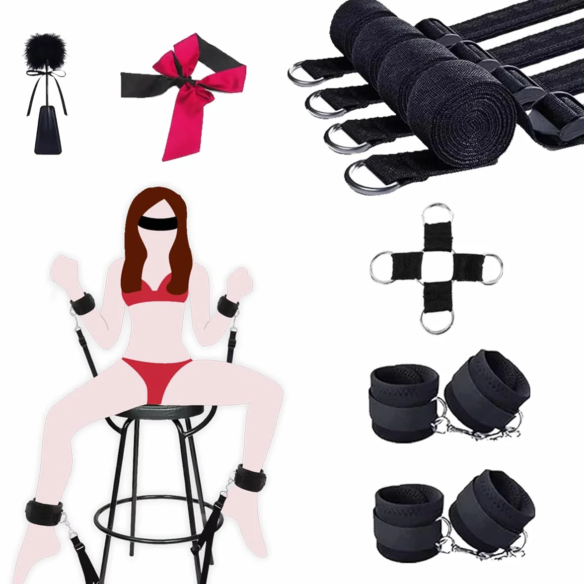 BDSM Bondage Kit per Coppie, Set Restraints con Manette, Bendaggio Occhi, Frustino, Cinghie Letto
