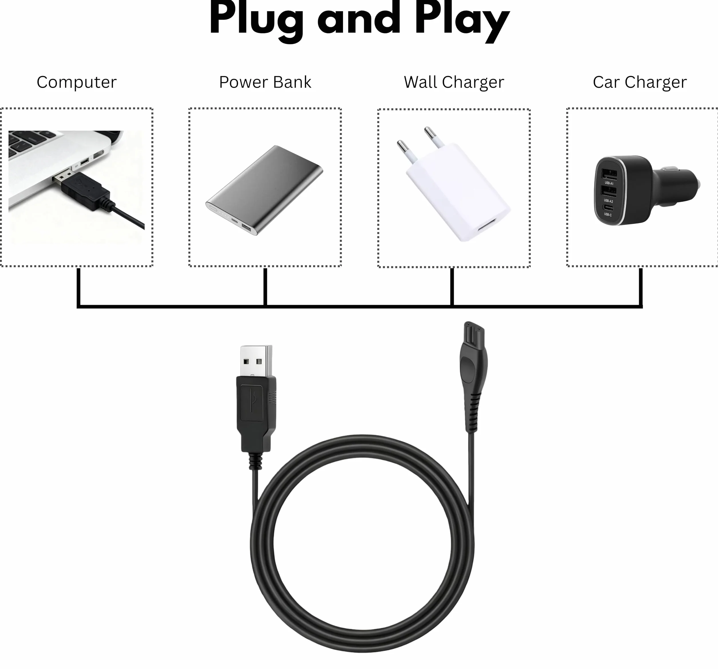 Philips HQ8505 USB 15V Cavo di ricarica per Rasoi Elettrici Serie 3000 5000 7000 OneBlade QP6520 QP6530 QP6510