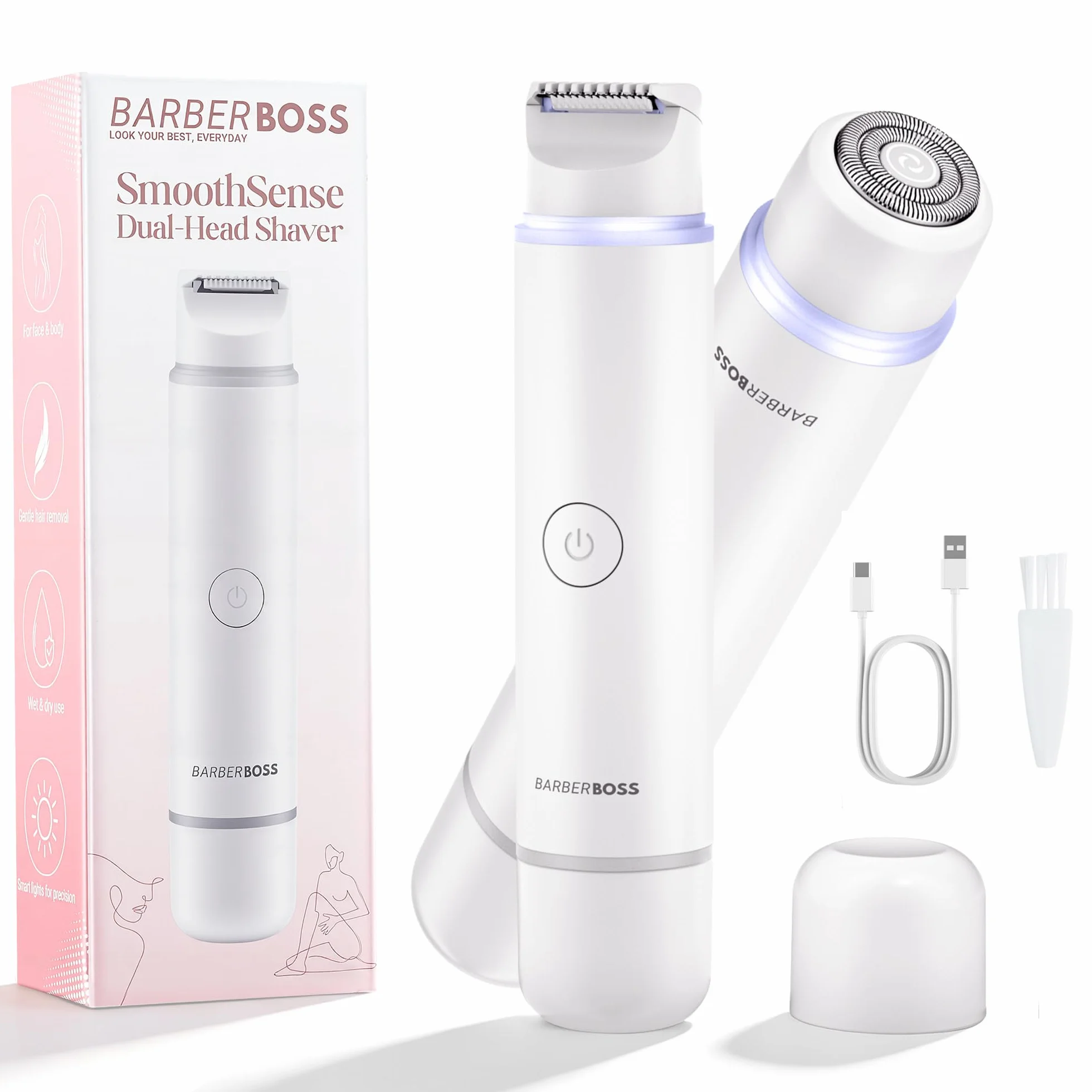 BarberBoss Rasoio da donna 2 in 1, kit per la rimozione dei peli del viso e del bikini, con luce di precisione, set da viaggio ricaricabile (Bianco)
