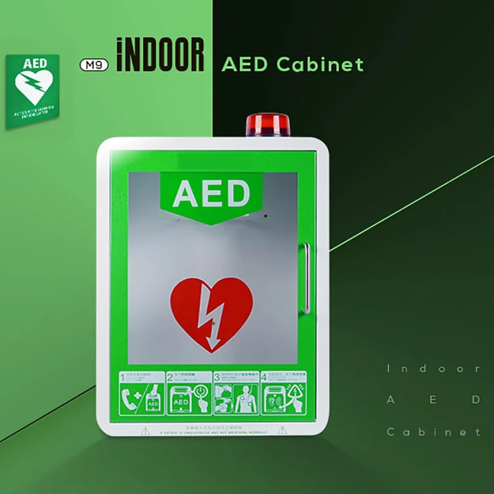 Armadietto di stoccaggio per defibrillatore DAE, scatola di allarme in plastica montata a parete con sistema di allarme e posizione regolabile