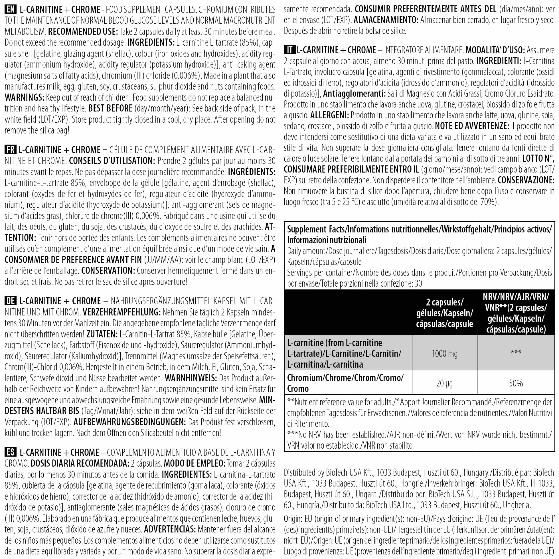 BioTechUSA L-Carnitina + Cromo 1470 mg L-Carnitina L-tartrato 60 capsule