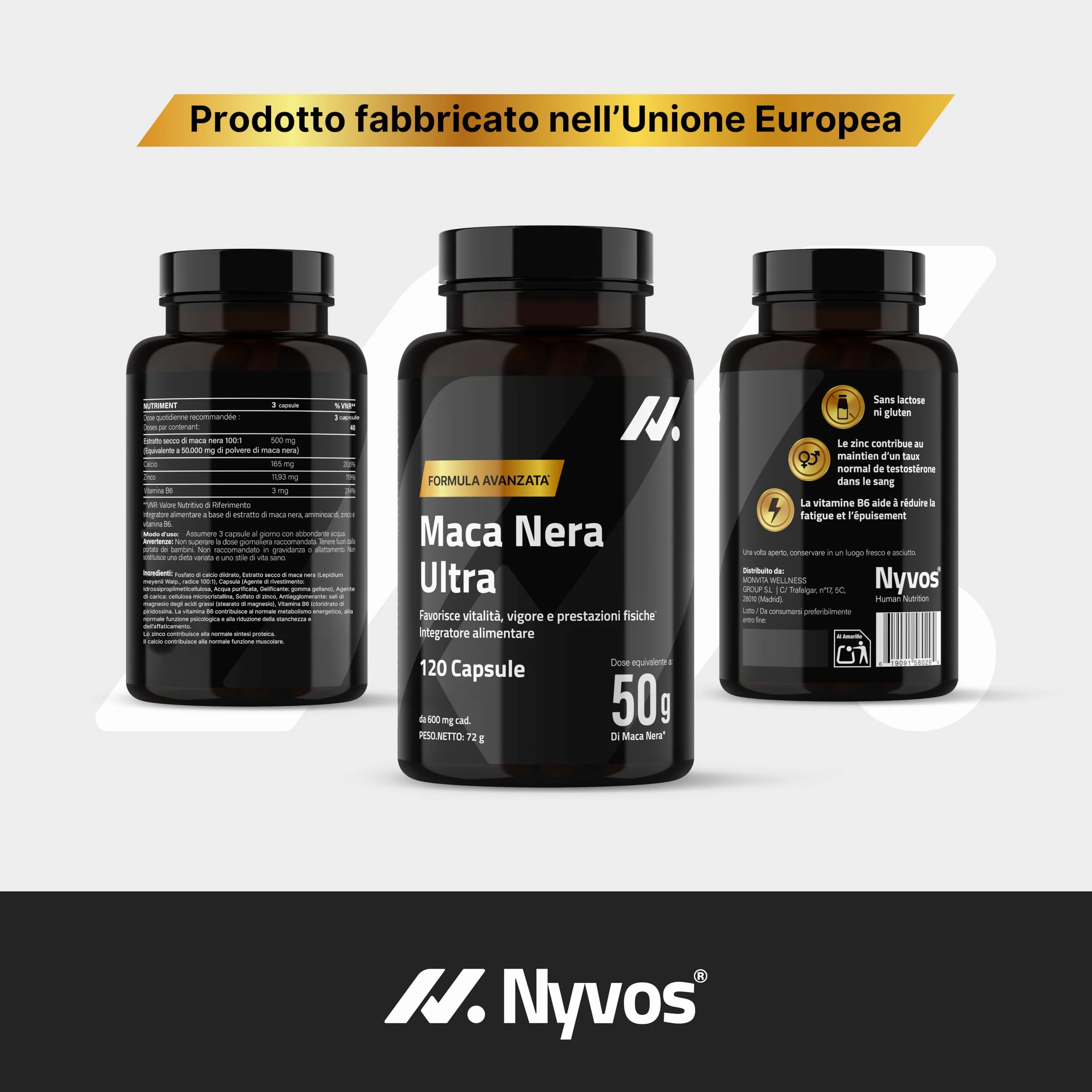 Maca Nera Extra Forte 50.000 mg 100:1 – Integratore per Uomo con Maca Peruviana, Zinco e Vitamina B6 – Energia e Vitalità – Testosterone Support – 120 Capsule – Nyvos