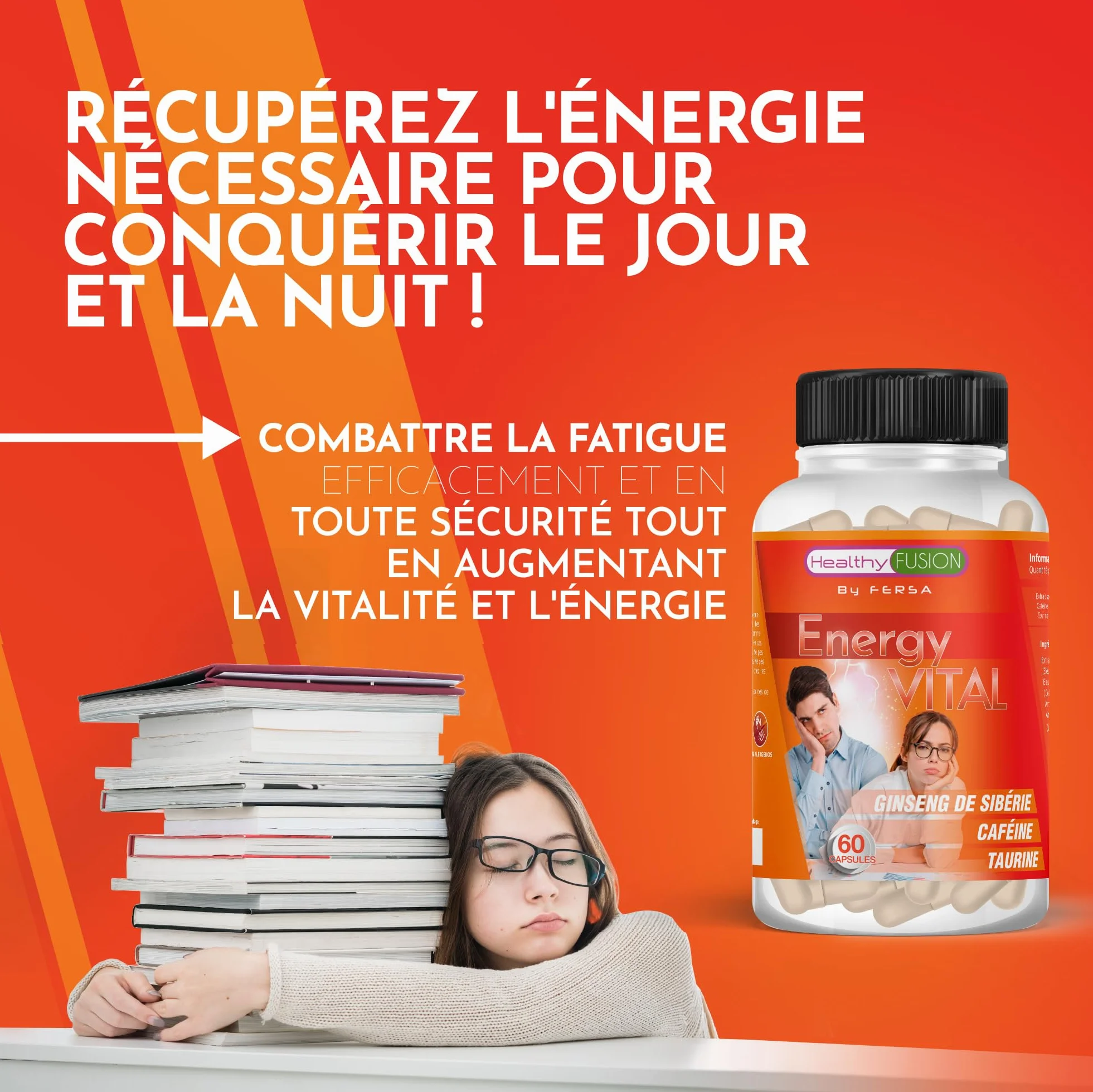 Healthy Fusion Energy Vital | Formula energizzante e anti-fatica efficace | Eleuterococco + Taurina + Caffeina | Stimolante 100% naturale | Migliora e potenzia le performance fisiche e mentali | 60u