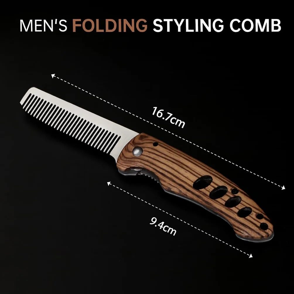 Pieghevole Pettine Barba Uomo Legno Acciaio Inox Accessorio Viaggio Modello Tascabile