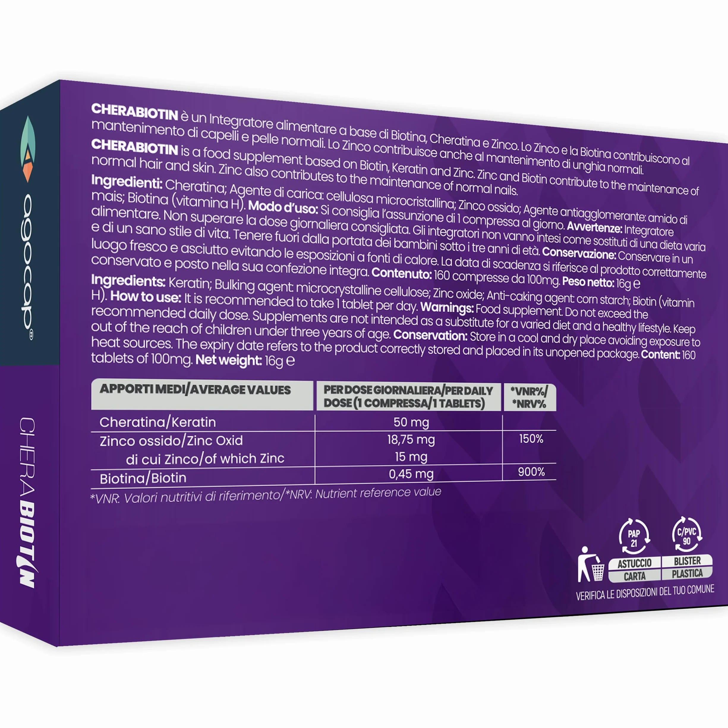 Cherabiotin Integratori Biotina Cheratina Zinco 160 Micro Compresse Capelli Unghie Pelle Anticaduta Donna 5 Mesi Fornitura
