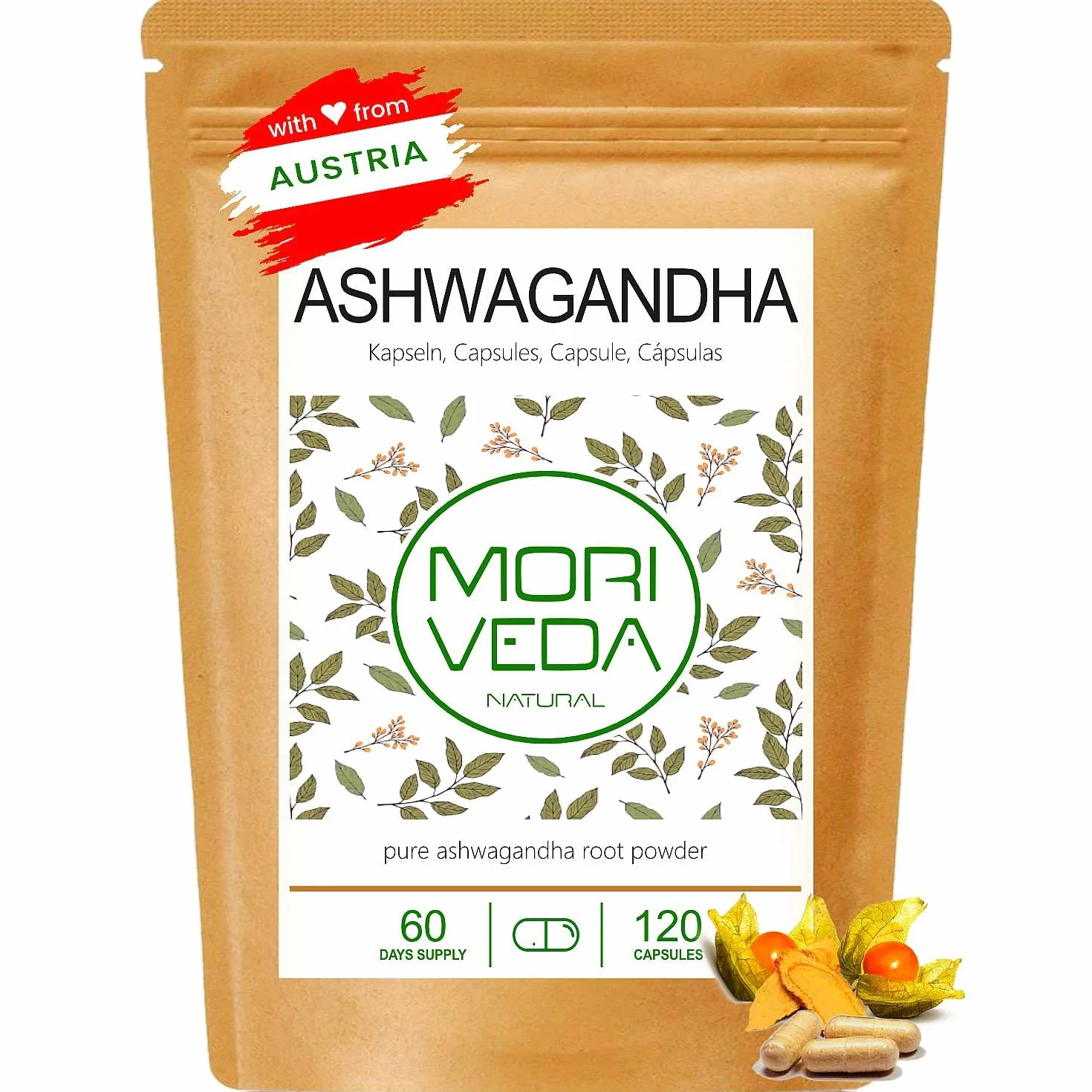 Ashwagandha capsule 1200mg - 100% polvere di radice - 60 giorni di fornitura - l'equilibrio, la qualità della vita e la pace interiore - dall'India - vegan e senza glutine - da MoriVeda - 120 pezzi