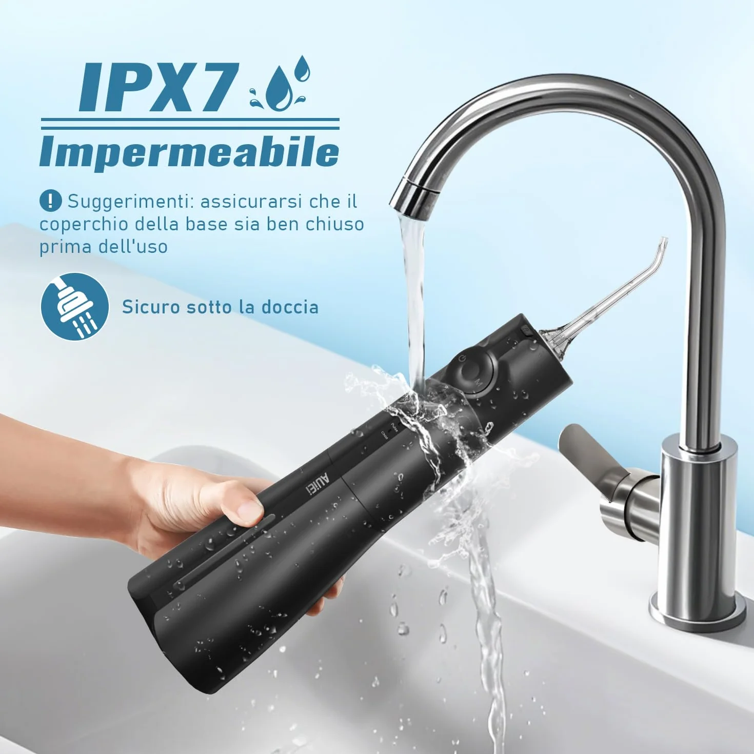 AUIEI Idropulsore dentale senza fili, irrigatore orale IPX7, serbatoio 300 ml, 5 modalità, 8 ugelli, Nero