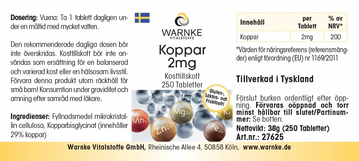 Rame 2mg - 250 compresse, ciascuna contenente 2mg - Bisglicinato di rame - ALTO DOSAGGIO - Qualità farmaceutica tedesca - vegano | Warnke Vitalstoffe