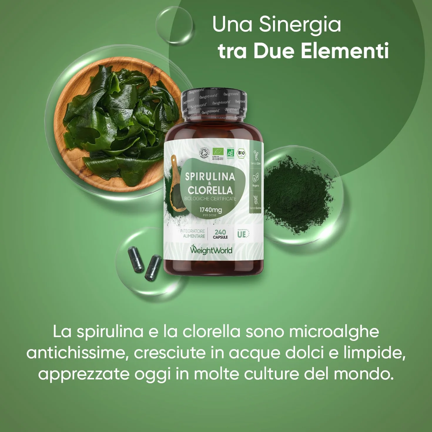 Spirulina e Clorella Biologiche 240 Capsule Vegane 1740mg Superfood Integratore Senza Glutine Prodotto in Europa