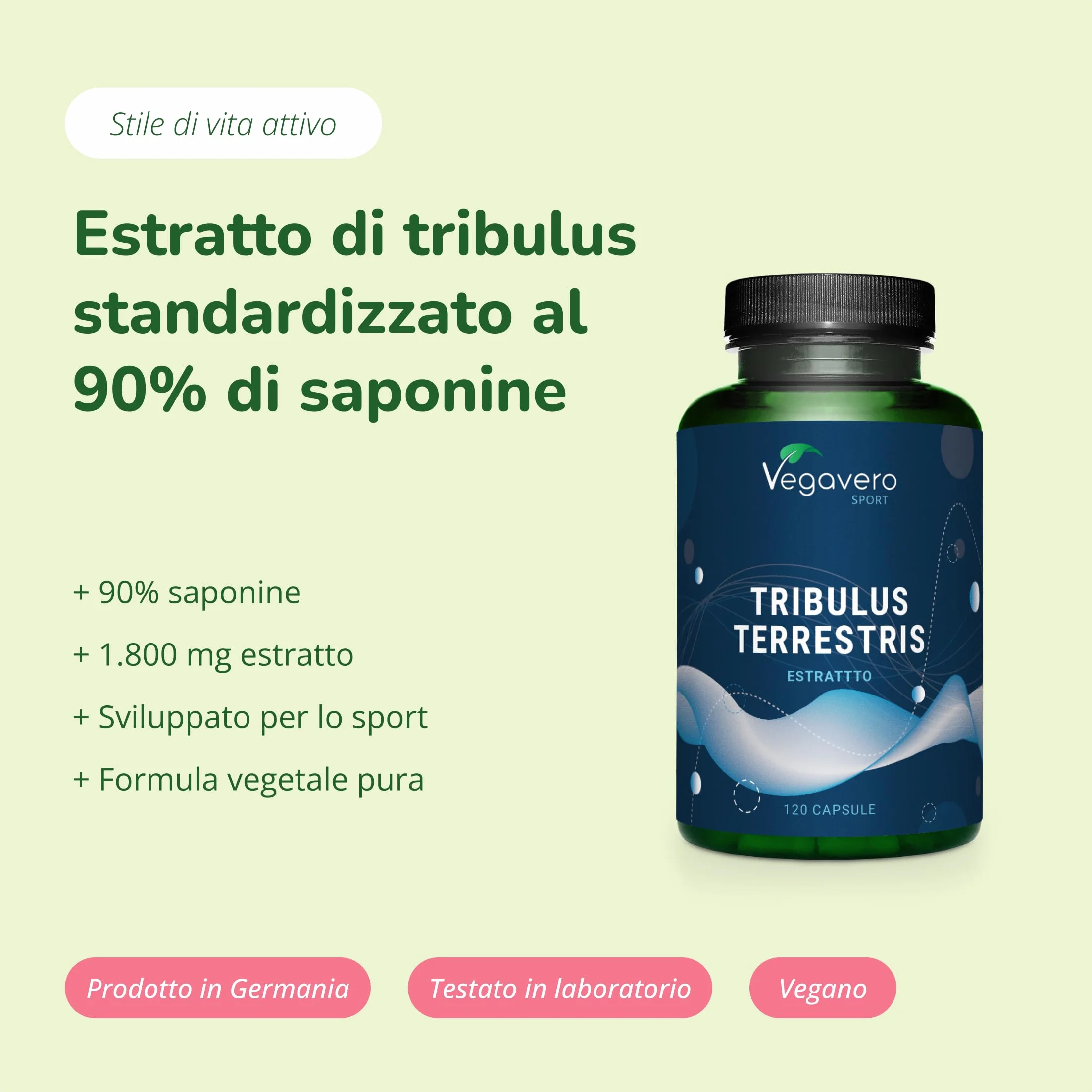 Tribulus Terrestris Vegavero 90% Saponine 100% Naturale Senza Additivi No OGM 120 capsule Vegan