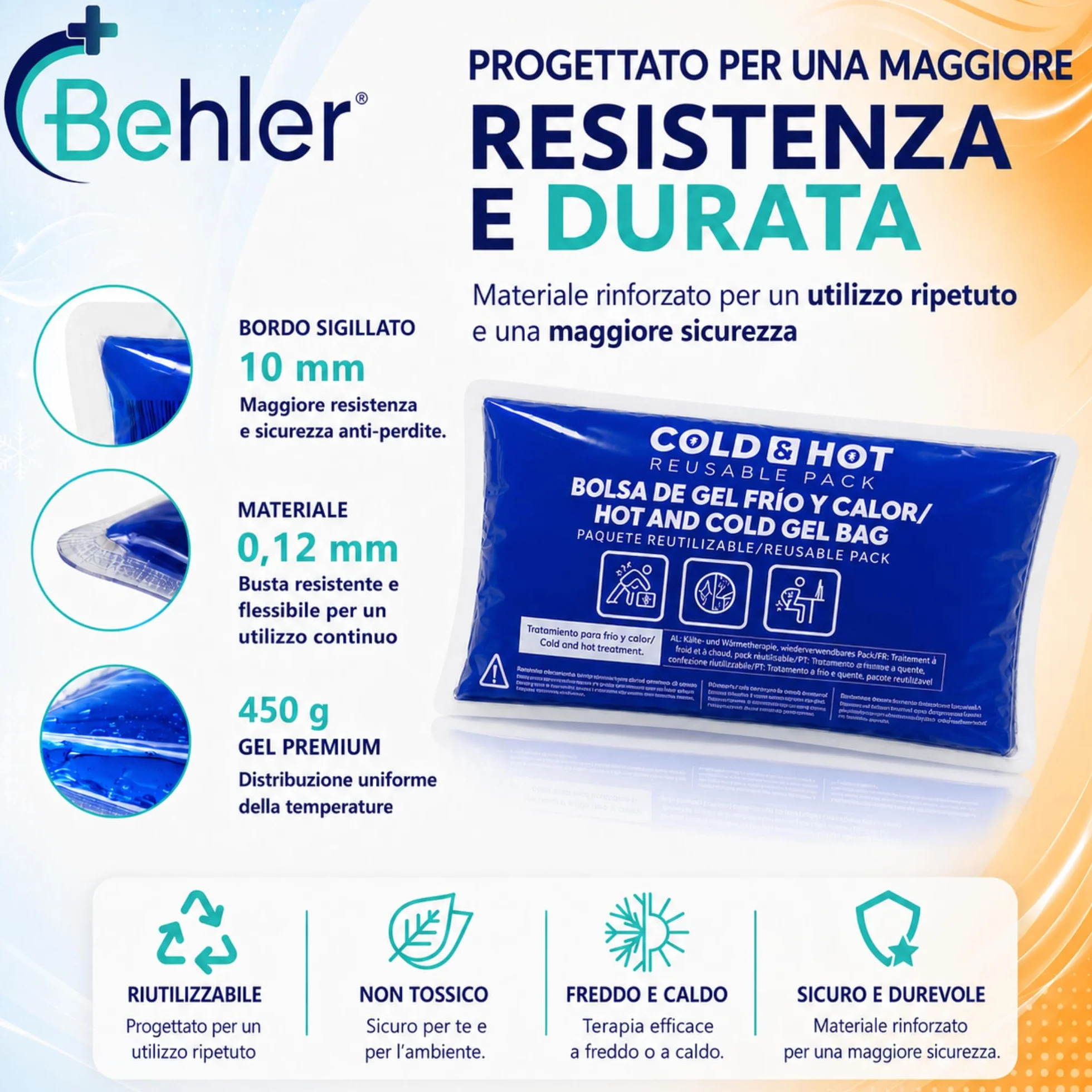 Ghiaccio Gel Riutilizzabile (26x15 cm) Compressa Fredda Calda con Copertura Multiposizione e Fascia di Compressione per Terapie Caldo/Freddo