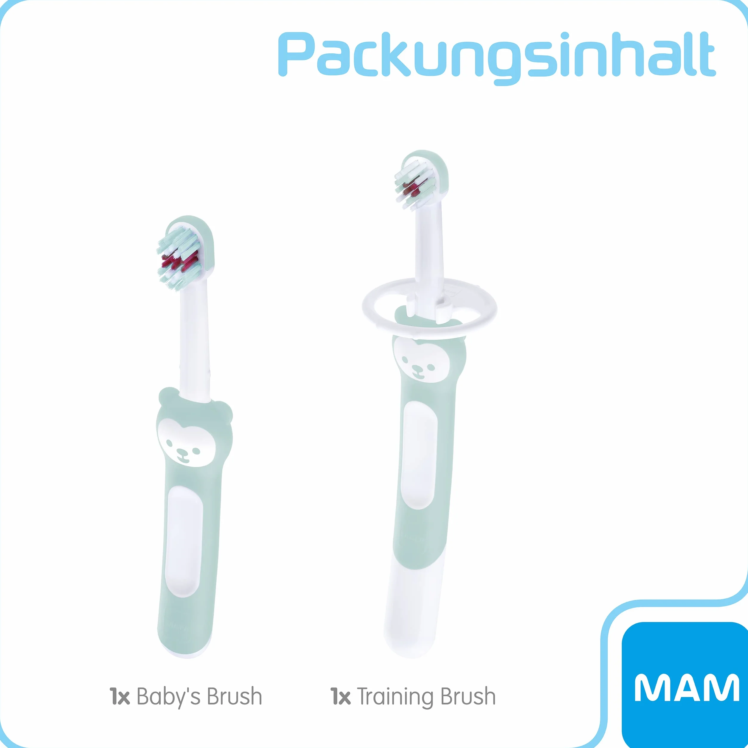 MAM Learn to Brush Set spazzolino da denti per bambini con manico lungo per tenere insieme, spazzolino da denti per bambini allena a lavarsi i denti, a partire dai 5 mesi in su, turchese, 1 pezzo