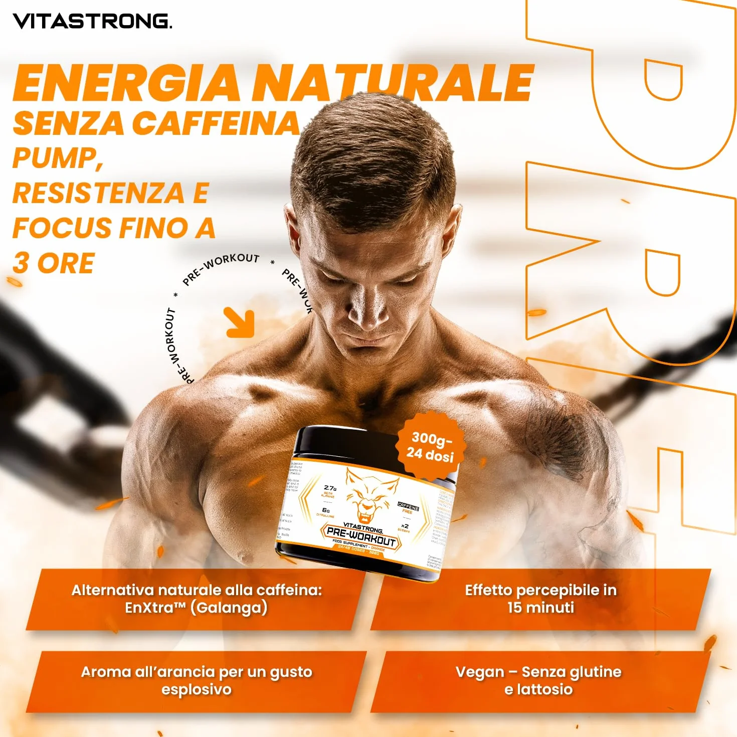 Pre Workout Potente 300g, con Vitamina B12, L Citrullina, Beta Alanina,Taurina, AstraGin, Vitastrong Pre Workout Made in Italy (24 Porzioni (Confezione da 1),Orange - No Caffeine)